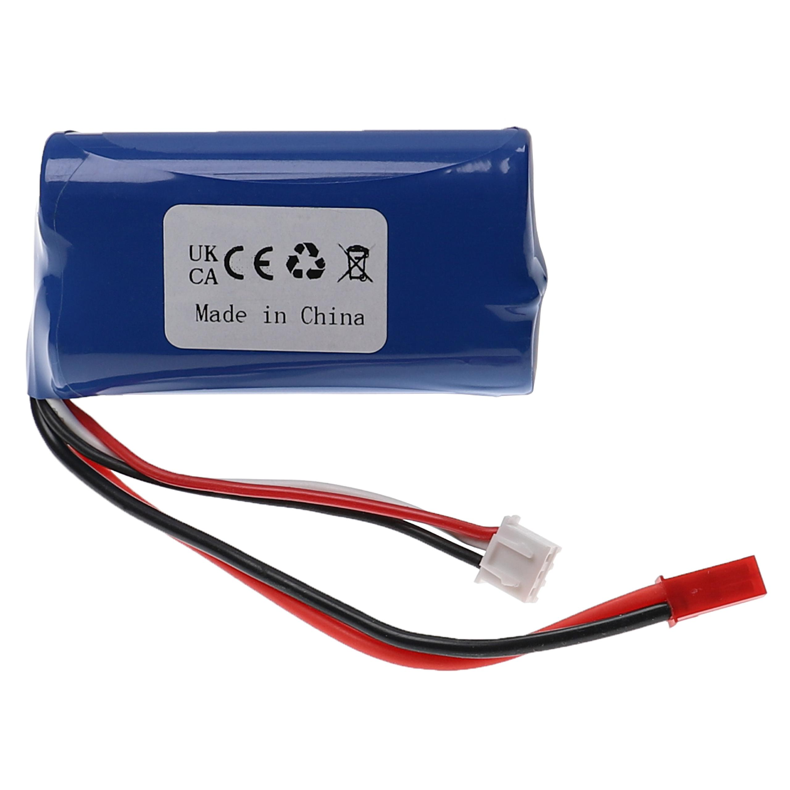 Ein blauer Akku mit weißem Etikett, Drähten und einem roten Stecker.
