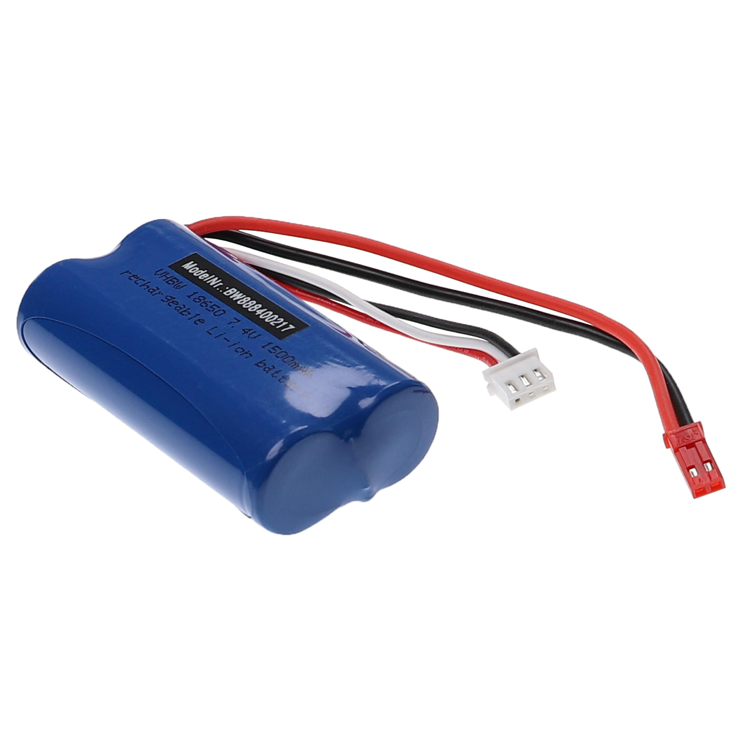 Ein blauer Akku mit roten, schwarzen und weißen Drähten und einem roten Stecker.