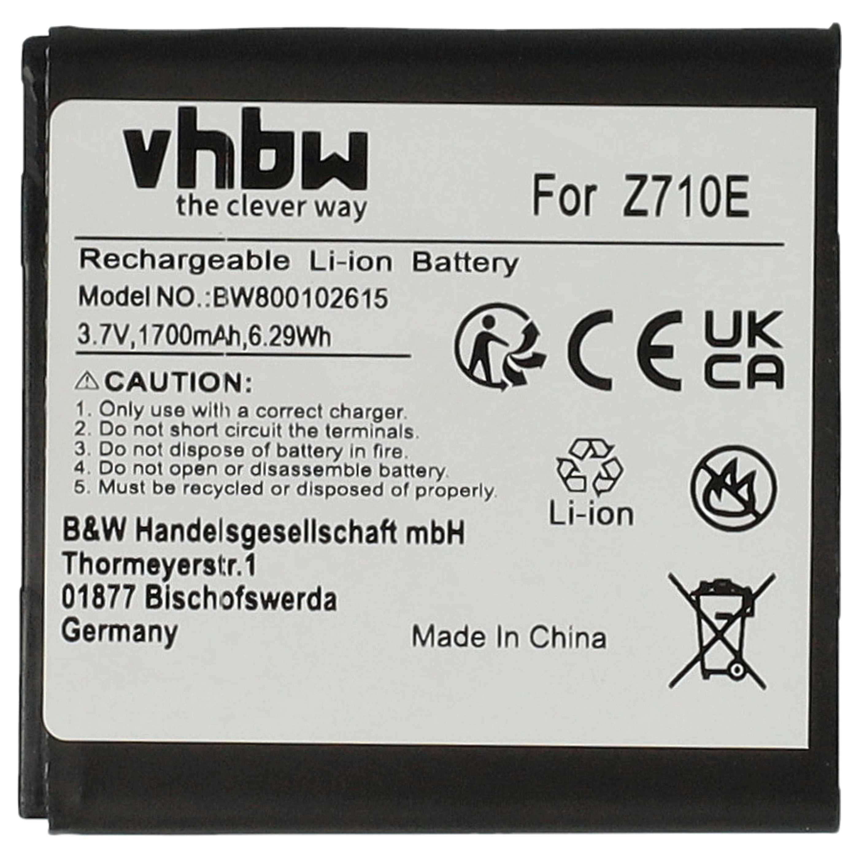 Ein schwarz-weißes Batterielabel mit Text, Logos und Warnhinweisen. Es steht 'Rechargeable Li-ion Battery' und 'Made in China'.