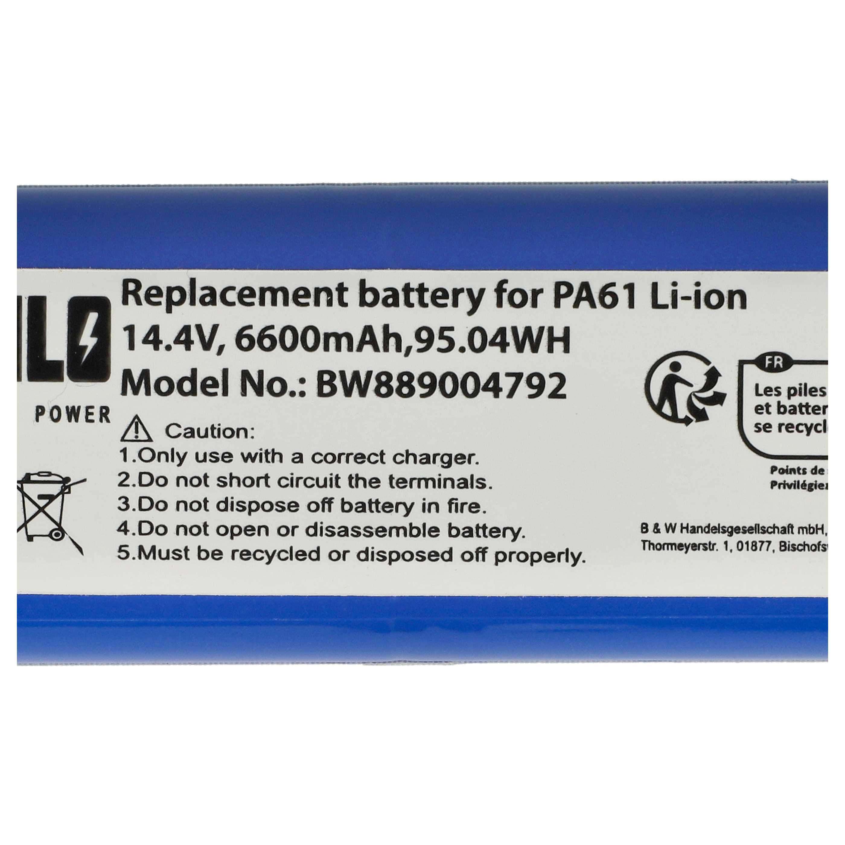 Ein blauer Akku mit Text. Enthält Warnungen zur Verwendung und Recyclinghinweise. Der Akku ist für ein PA61 Li-Ion-Gerät.