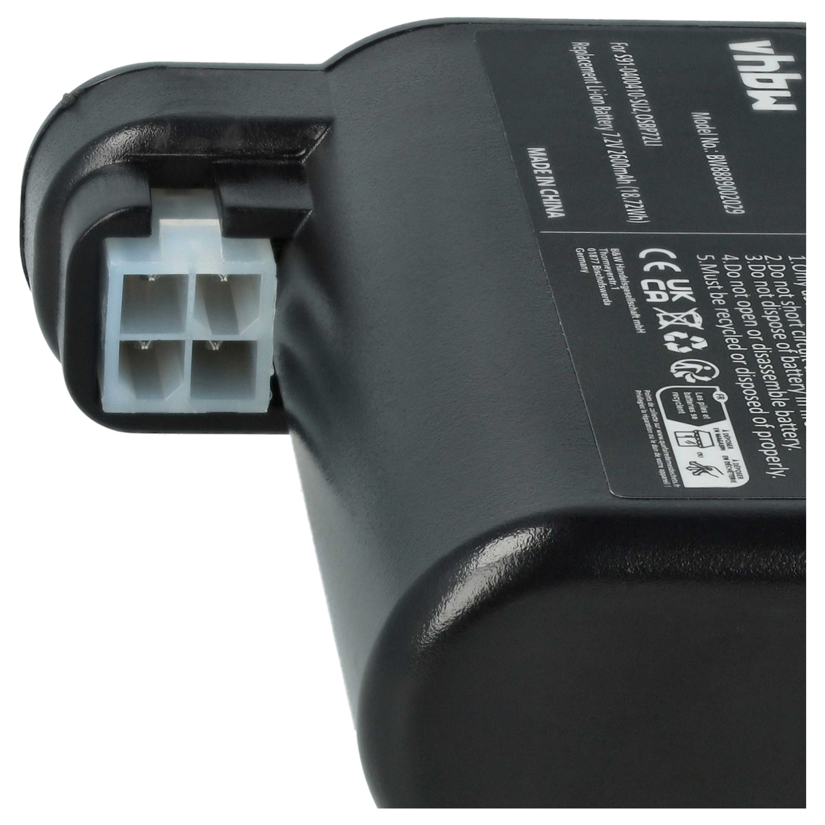 Schwarzer Akku mit weißem Stecker. Text auf der Seite: Modell-Nr., Ersatz-Li-Ionen-Akku und Recycling-Symbole.