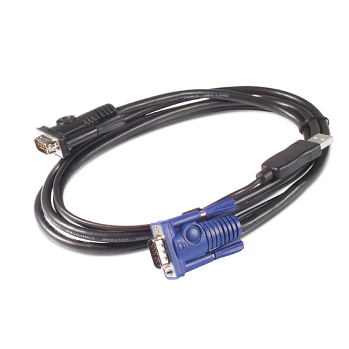 Un cavo nero con un connettore USB, un connettore VGA e un connettore VGA blu. Il cavo è su uno sfondo bianco.