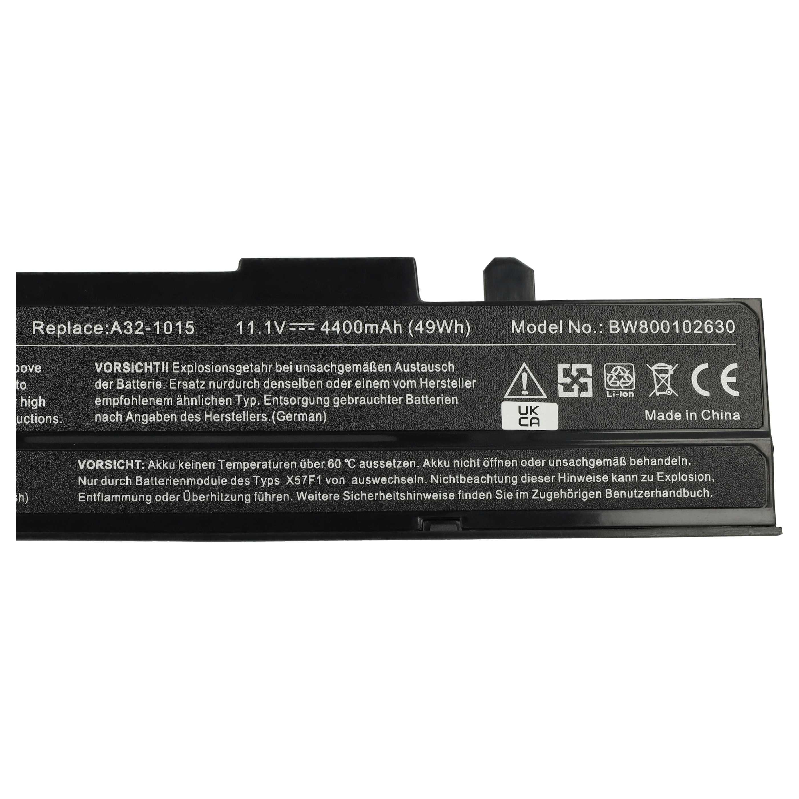 Ein schwarzer Laptop-Akku mit Text, einschließlich Modellnummer, Spannung und Warnungen, sowie Sicherheitssymbolen. Hergestellt in China.