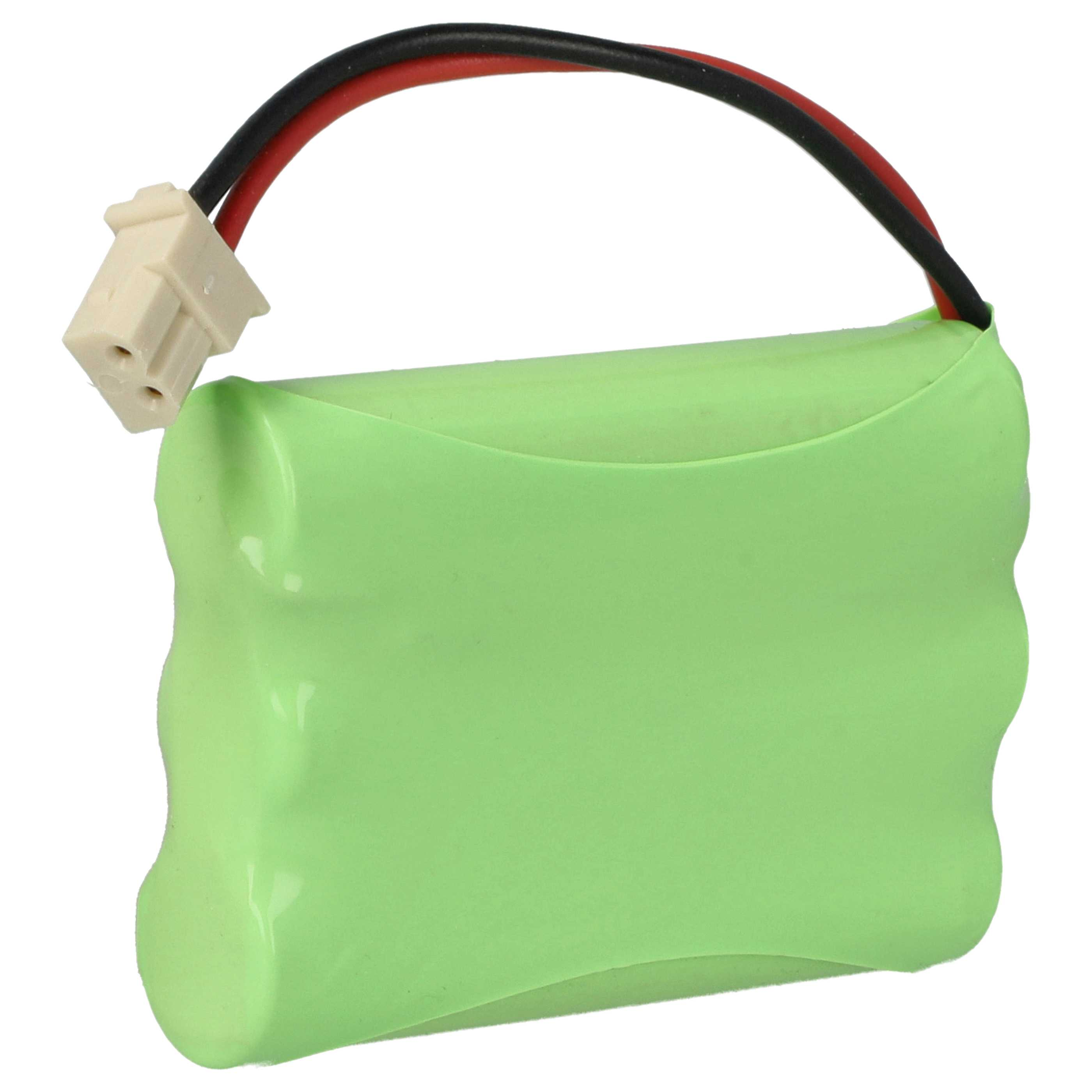 Eine grüne Batterie mit einem weißen Stecker und schwarzen und roten Drähten.