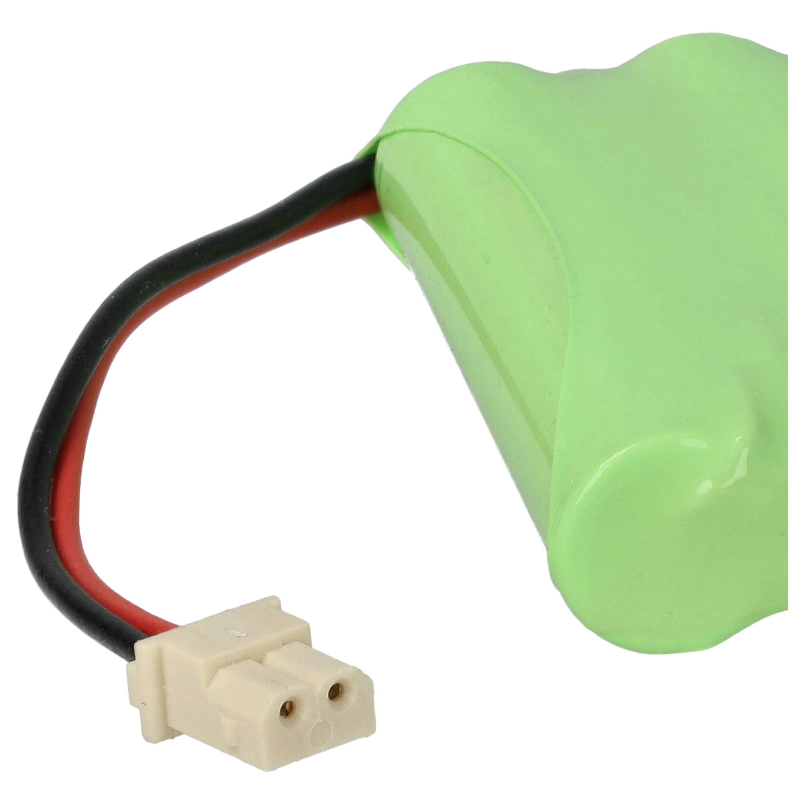 Eine grüne Batterie mit einem schwarzen und roten Draht, der mit einem weißen Stecker verbunden ist, wird vor einem weißen Hintergrund gezeigt.