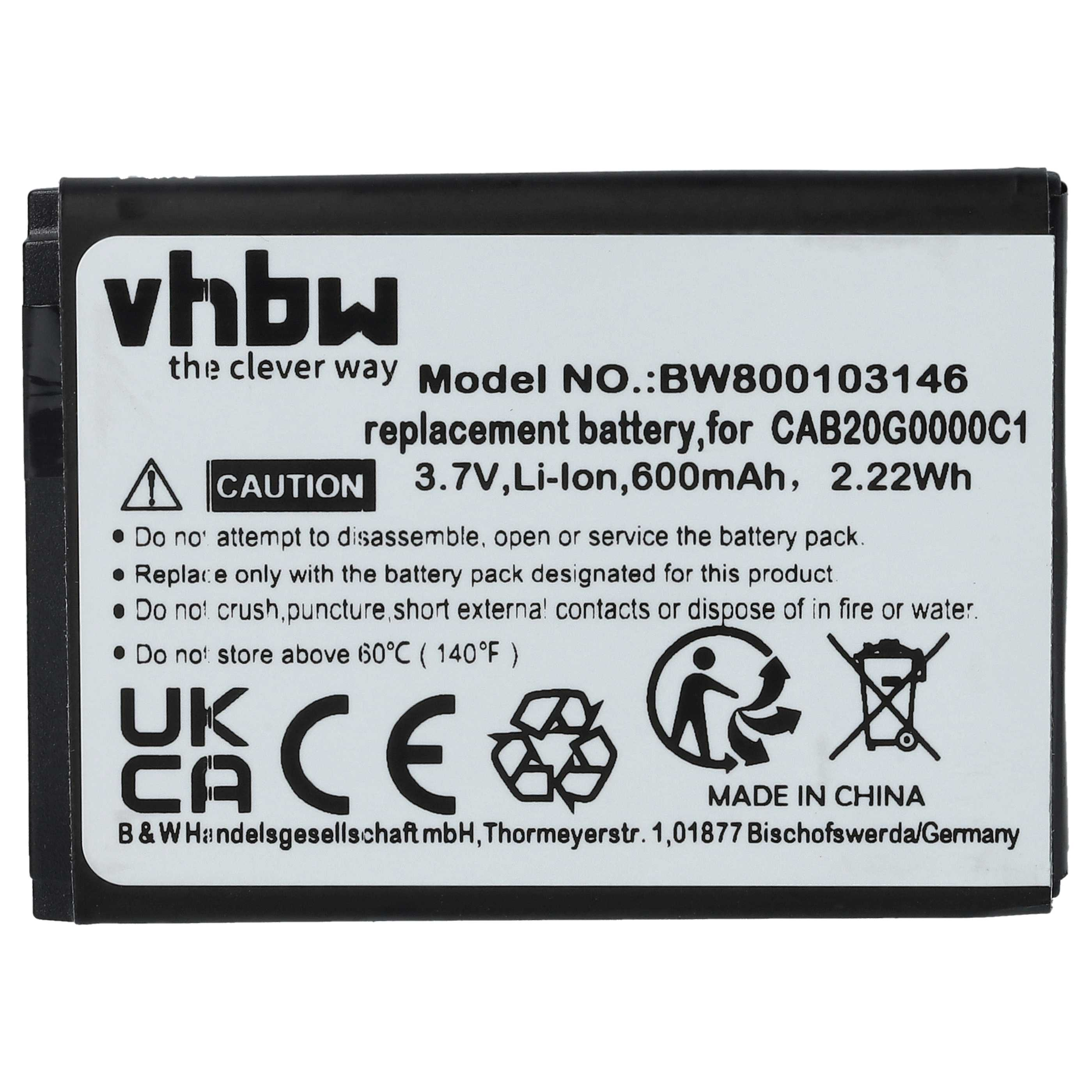 Ein schwarz-weißes Batterieetikett mit Sicherheitshinweisen, Modell und anderen Spezifikationen. UKCA-, CE- und Recyclingsymbole vorhanden.