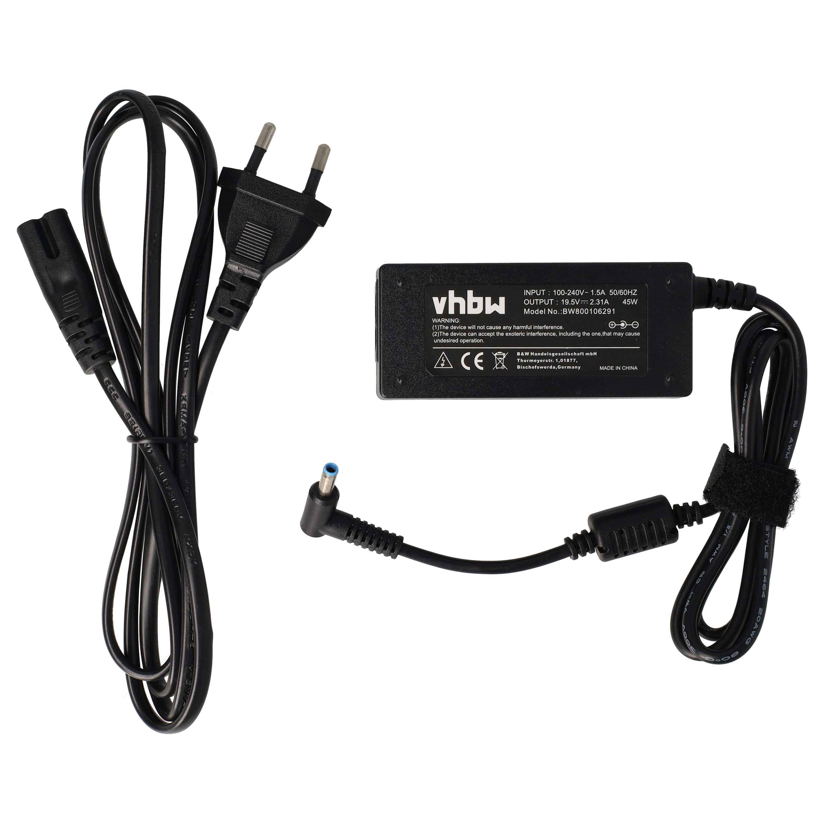 Ein Netzteil mit Netzkabel, Stecker und Stecker. Das Netzteil ist schwarz mit dem Markennamen 'vhbw'.