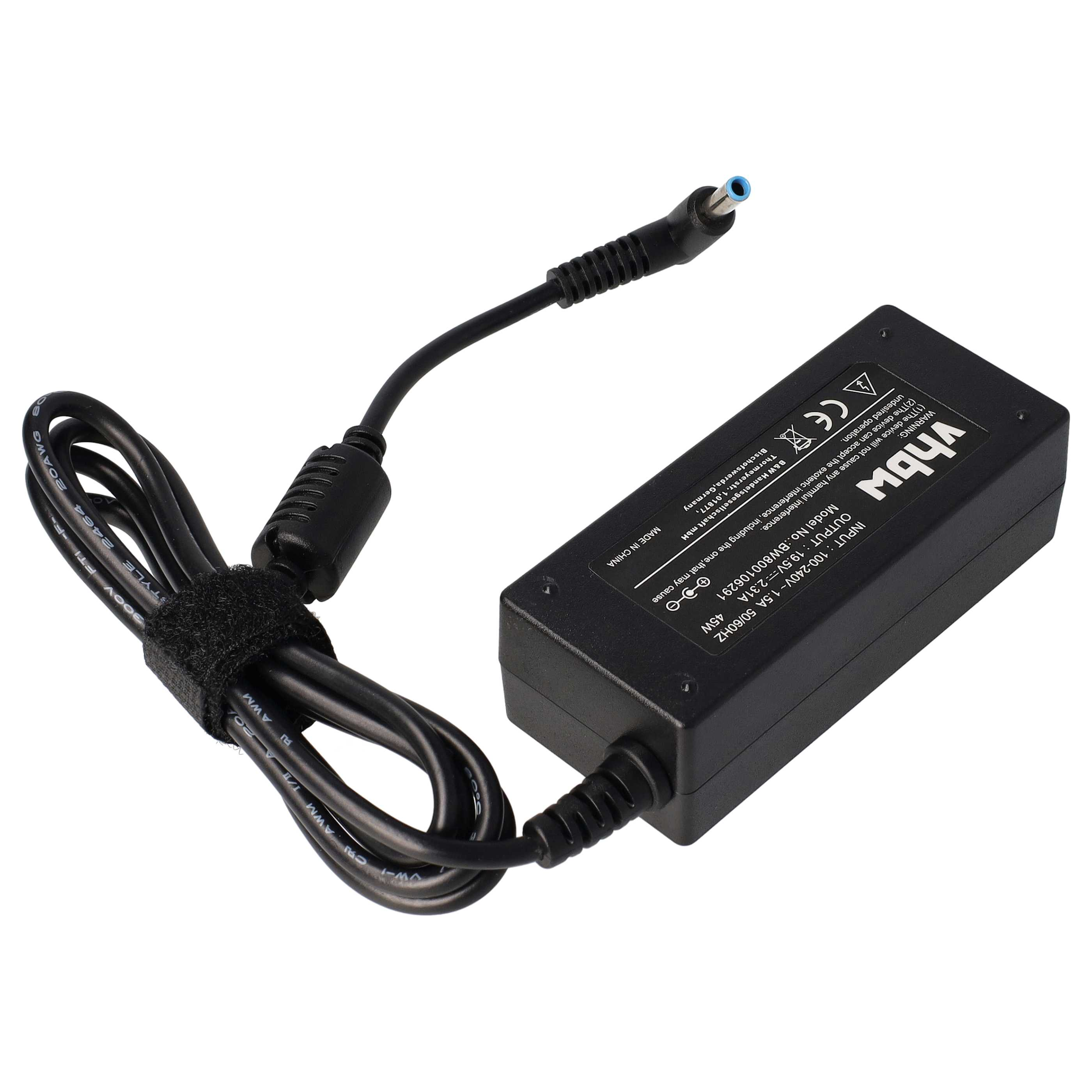 Ein schwarzes Laptop-Ladegerät mit schwarzem Kabel und blauem Stecker. Es hat weißen Text.