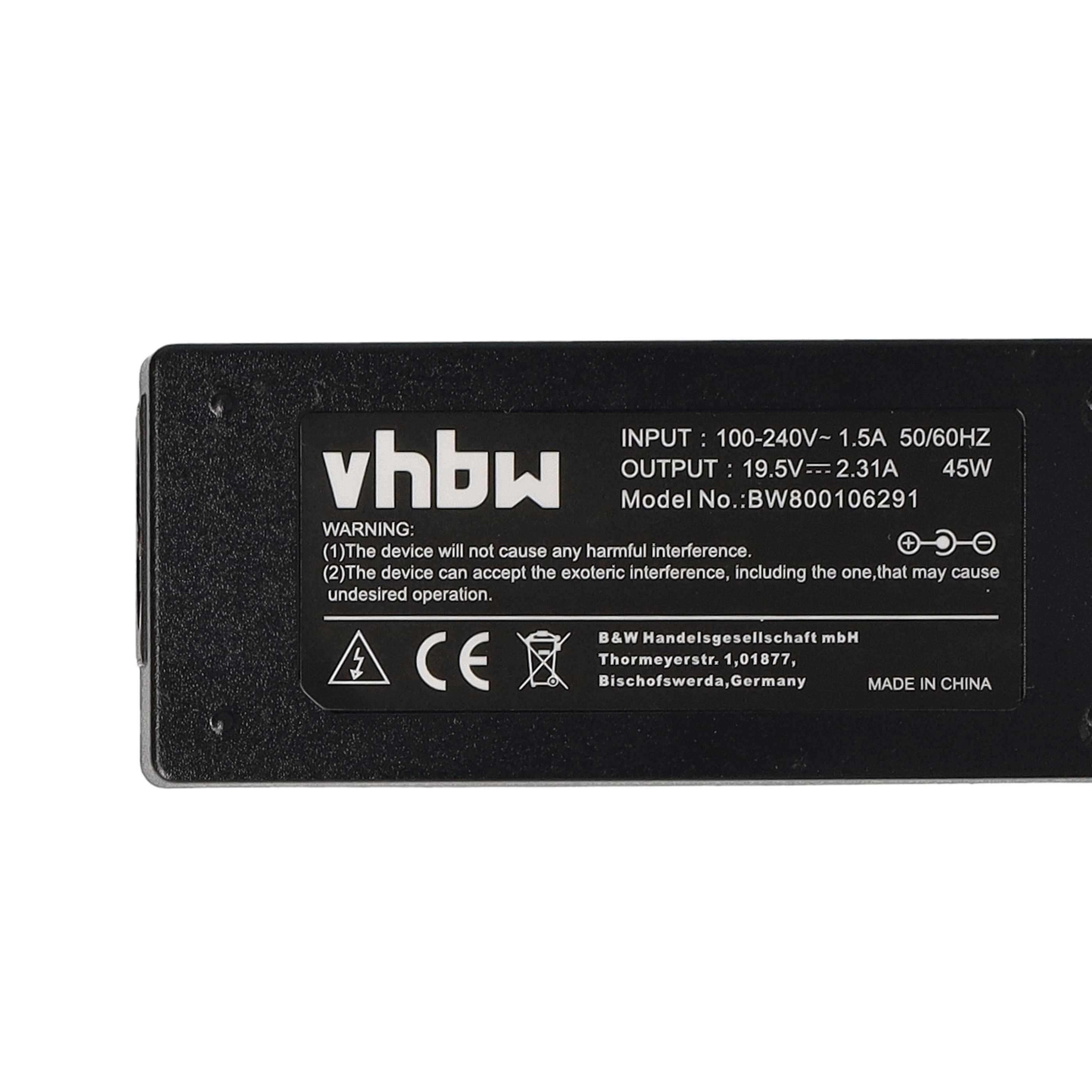 Schwarzes vhbw-Netzteil mit weißer Schrift. Zeigt Eingangs-/Ausgangsdetails und Warnhinweise. Hergestellt in China.