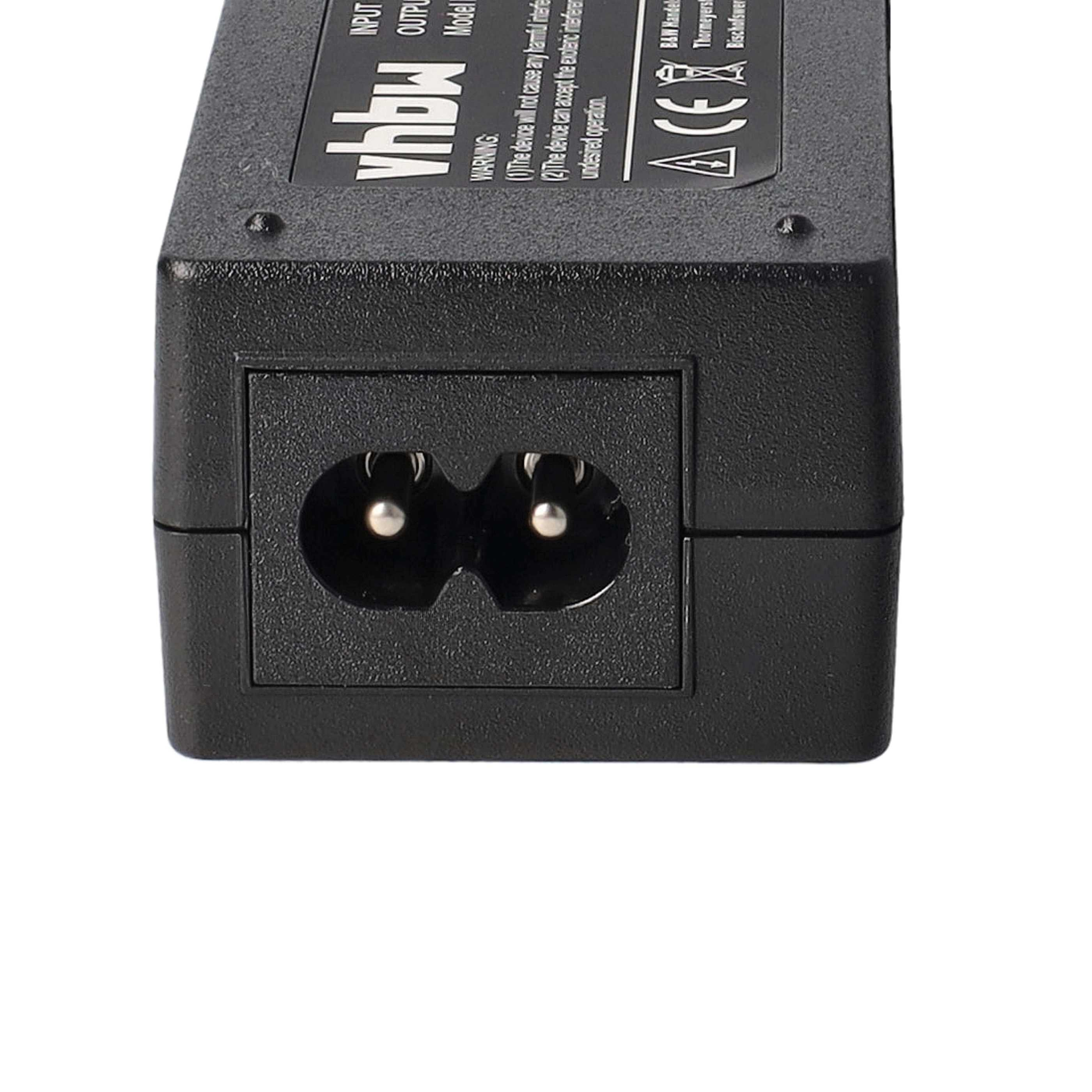 Schwarzer Adapter mit einem zweipoligen Stromeingang. Der Adapter hat Text und Logos.