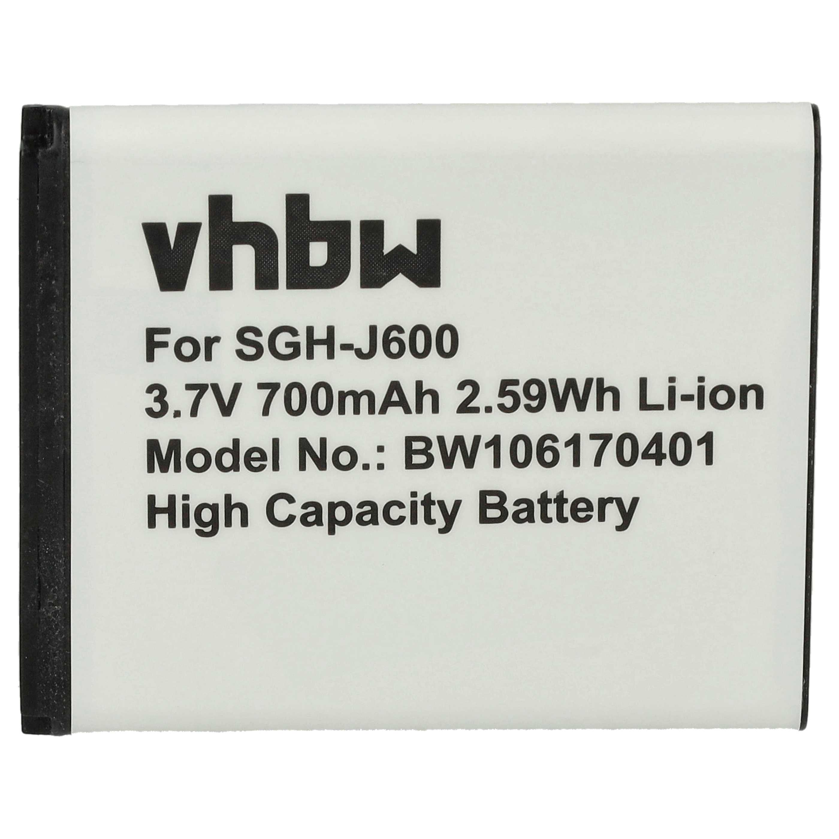Ein weißer Akku mit schwarzen Rändern zeigt Text: vhbw, For SGH-J600, 3.7V 700mAh, Modell-Nr.: BW106170401, High Capacity Battery.