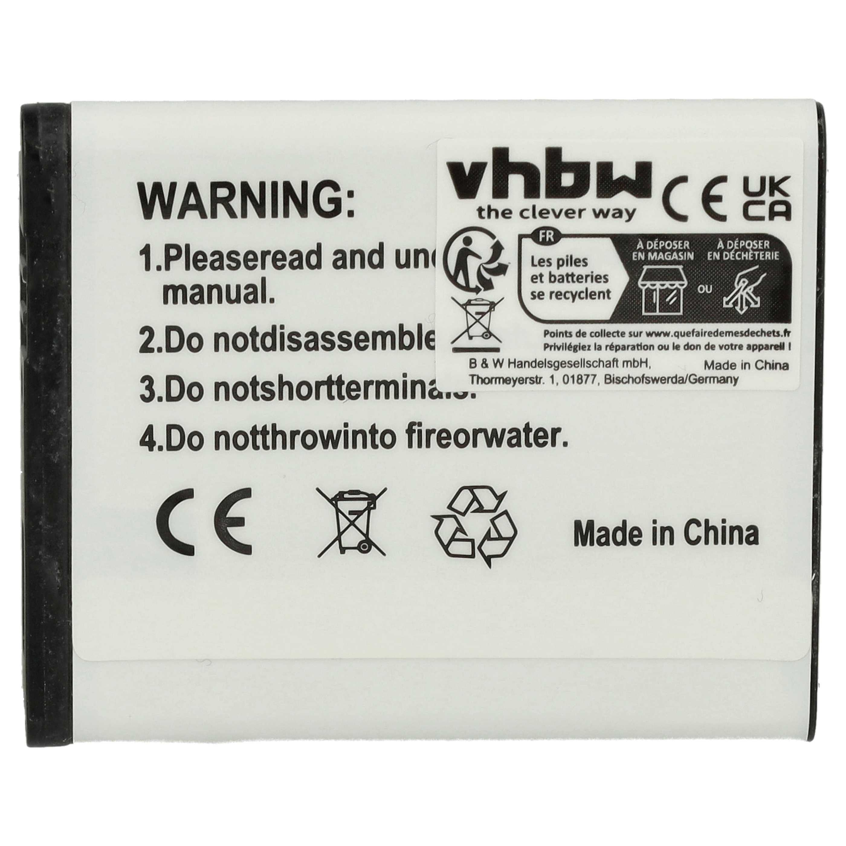 Weißes Batterielabel mit Warnhinweisen und Recycling-Symbolen. Text in mehreren Sprachen: Englisch, Französisch, Made in China. Schwarzer Rand.