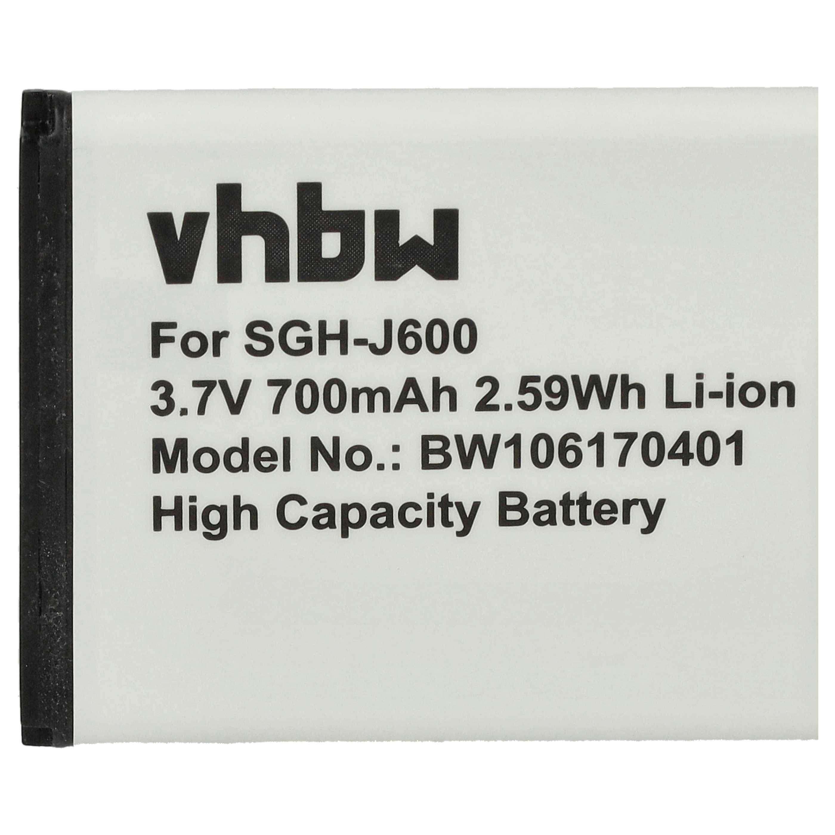 Ein weißer rechteckiger Akku mit schwarzen Rändern zeigt Text: vhbw, For SGH-J600, 3.7V 700mAh, Modell-Nr.: BW106170401.