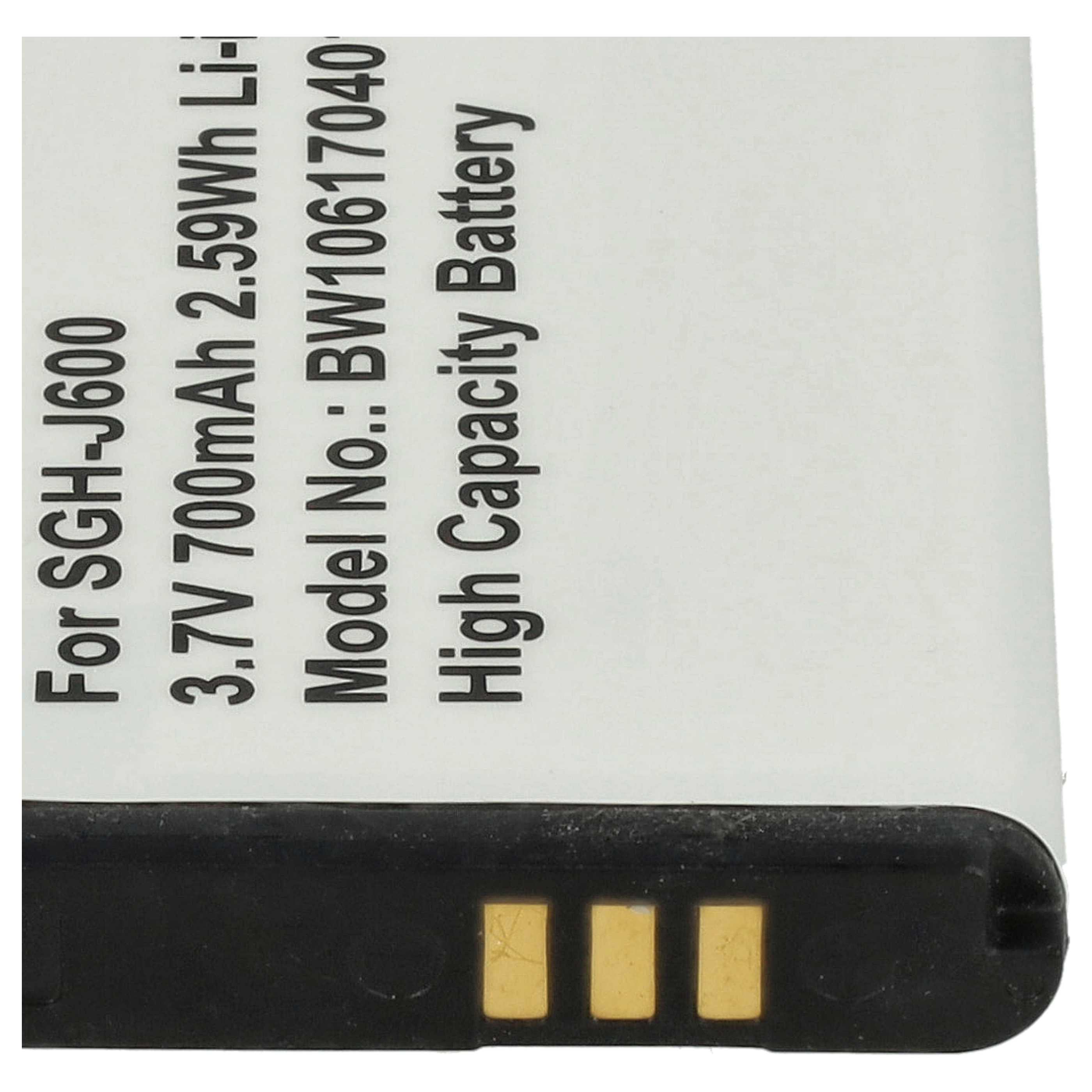 Ein Akku mit Text: Für SGH-J600, 3,7 V 700 mAh, Modell-Nr. BW10617040, Hochleistungsbatterie. Schwarz und weiß.