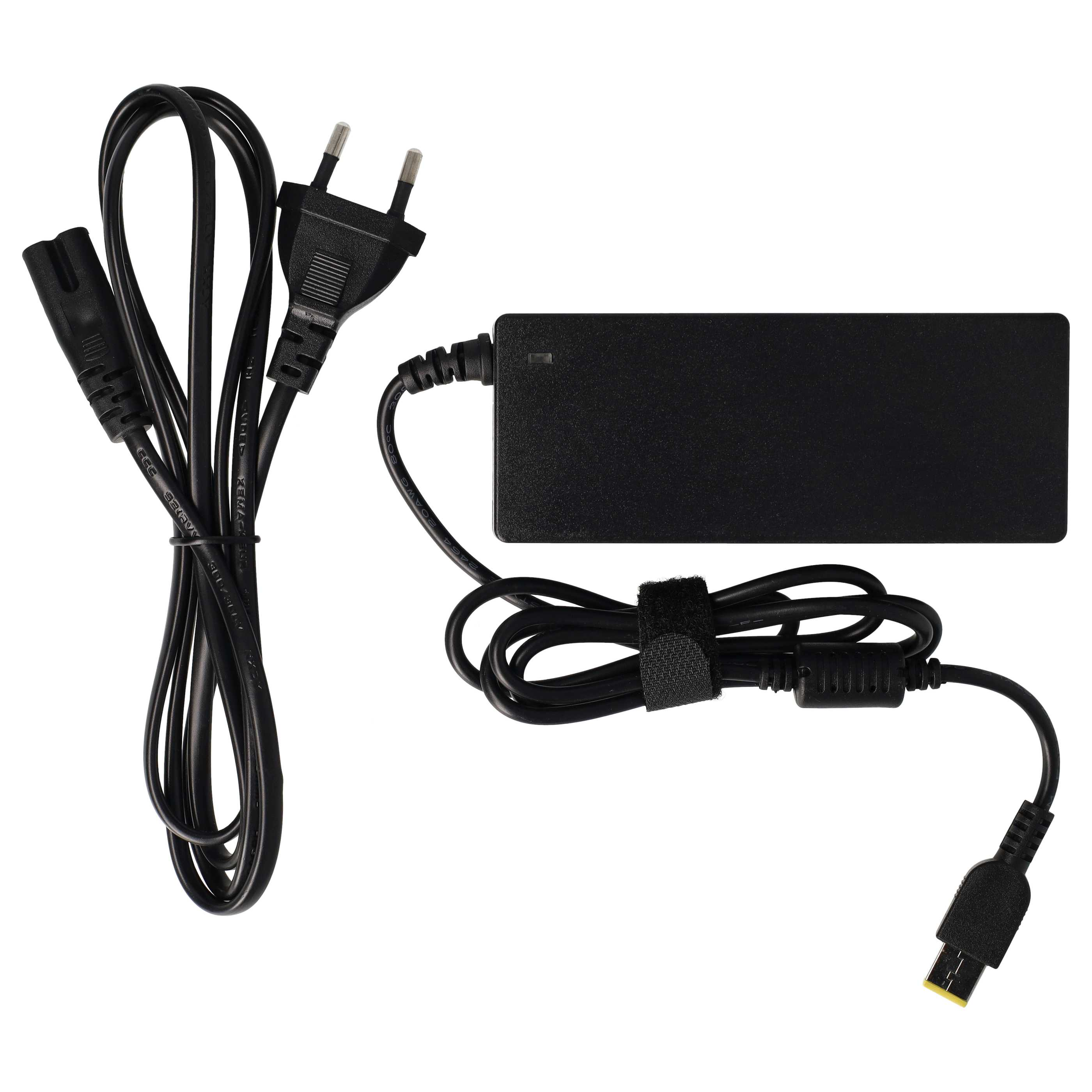 Schwarzes Laptop-Netzteil mit schwarzem Stecker, Kabeln und einem Anschluss. Der Hintergrund ist weiß.