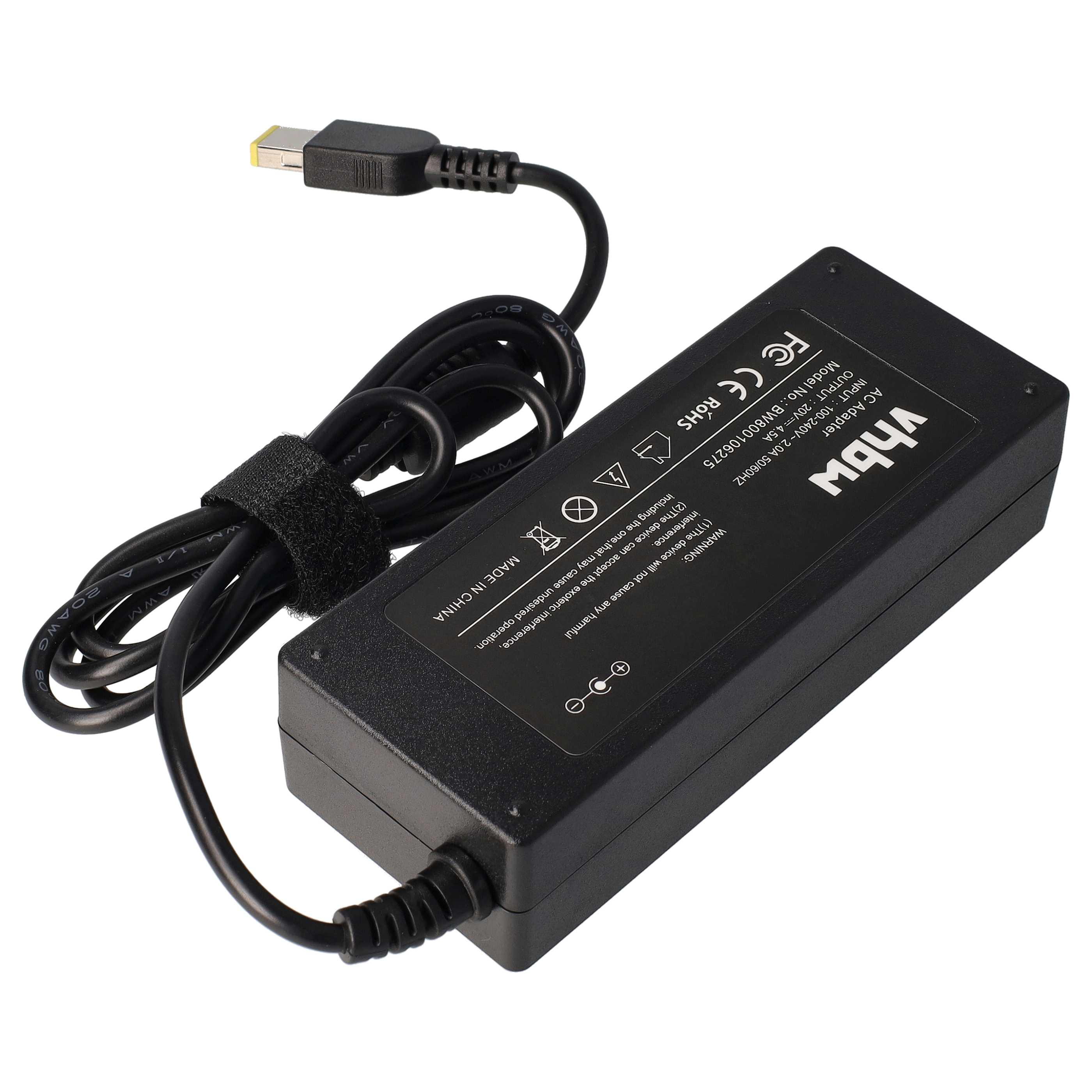 Schwarzes Laptop-Ladegerät mit Netzkabel, Stecker und Text. Das Ladegerät hat die Aufschrift vhbw und Warnhinweise.