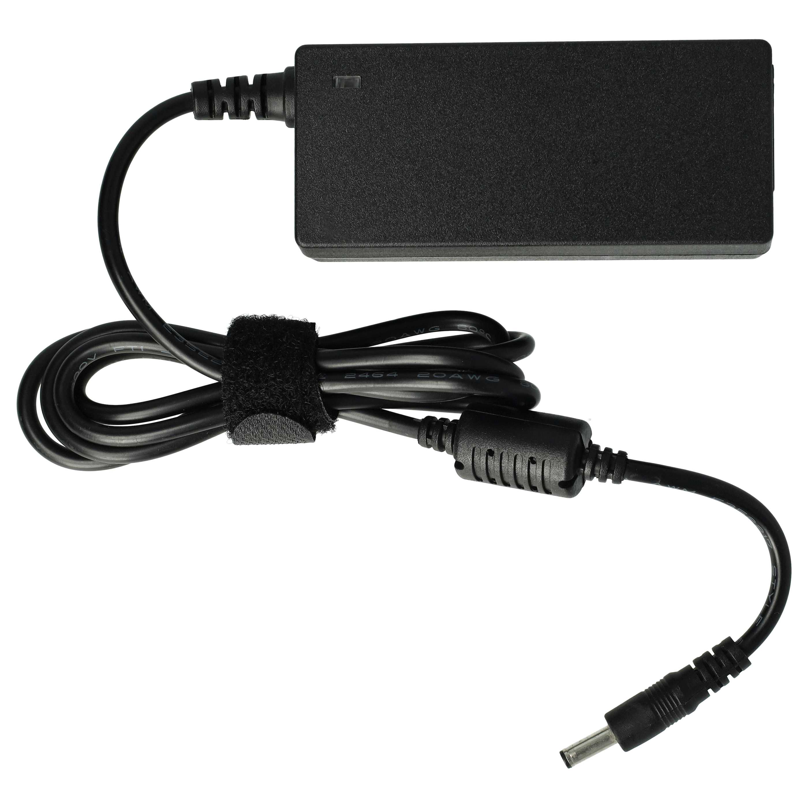 Ein schwarzes Laptop-Netzteil mit angeschlossenem schwarzem Kabel, Stecker und Klettverschluss.