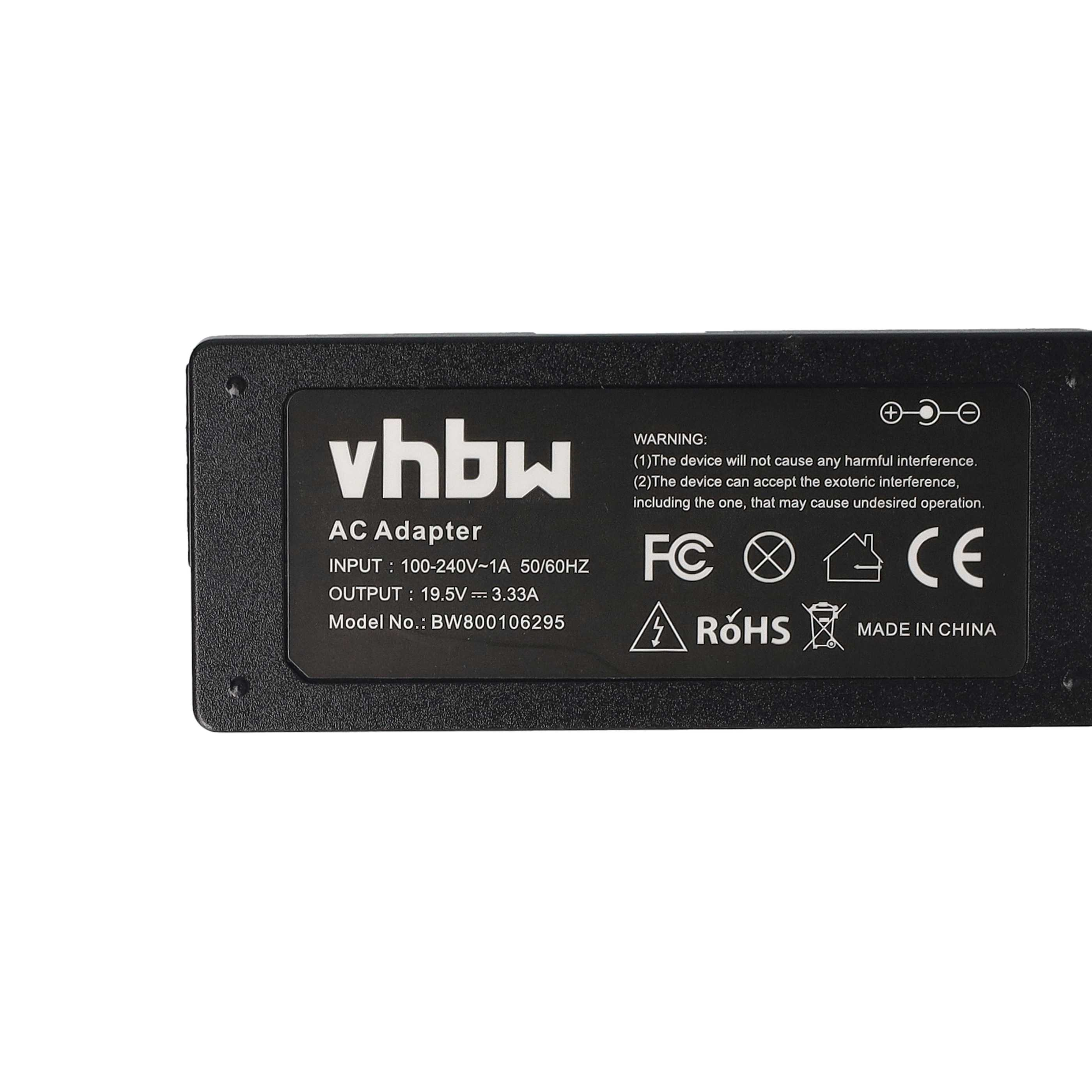 Schwarzes AC-Adapter mit weißem Text. Es hat das vhbw-Logo, Eingangs-/Ausgangsspezifikationen, Warnungen und Zertifizierungen.
