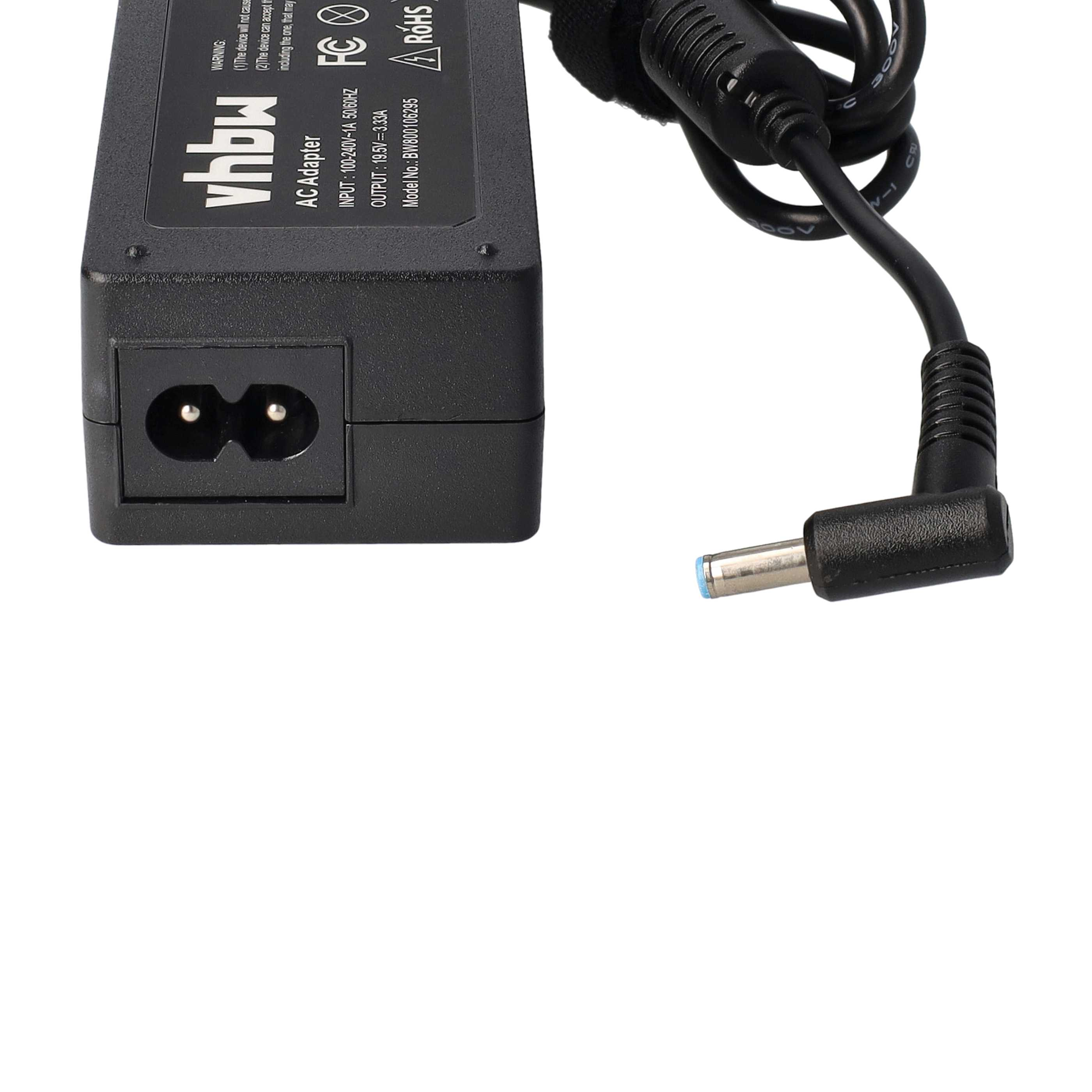 Schwarzer AC-Adapter mit Stecker und DC-Anschluss. Das Etikett zeigt Marke und technische Daten.