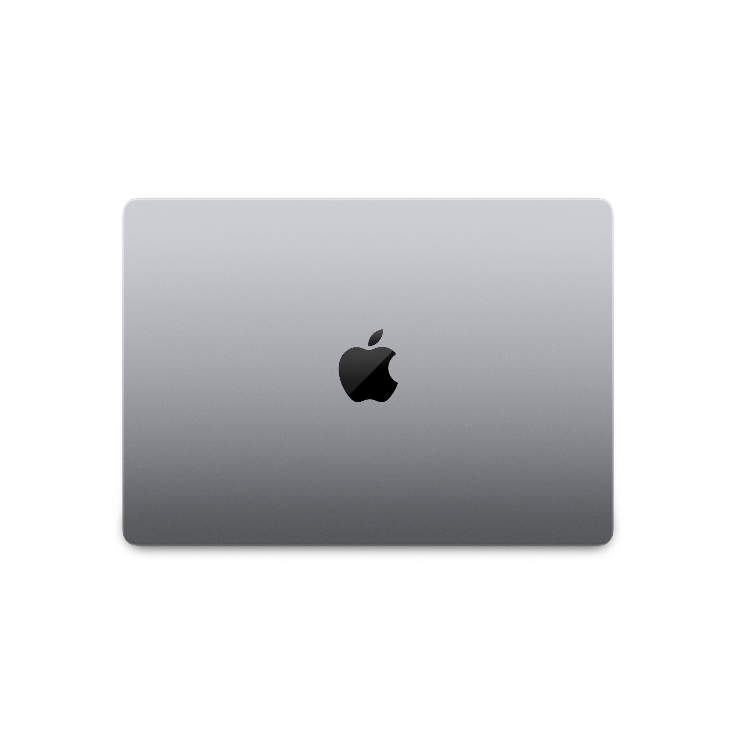 Tył laptopa, szary kolor, z czarnym logo Apple. Na białym tle, ostrość na górze, z gradientem.