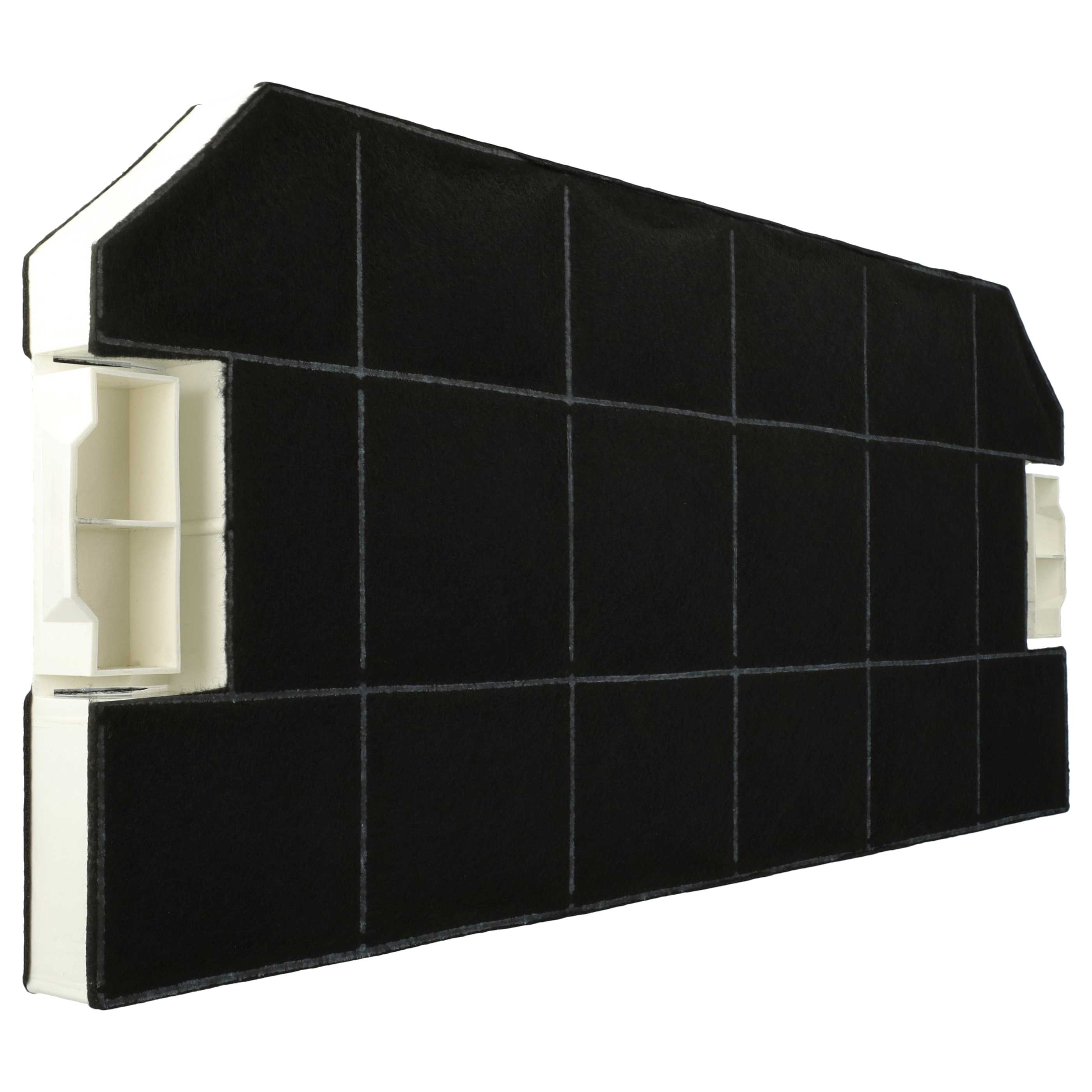 Ein Luftfilter mit schwarzem Kohlenstoffmaterial und weißen Kunststoffkomponenten. Das schwarze Material ist durch weiße Linien in Quadrate unterteilt.