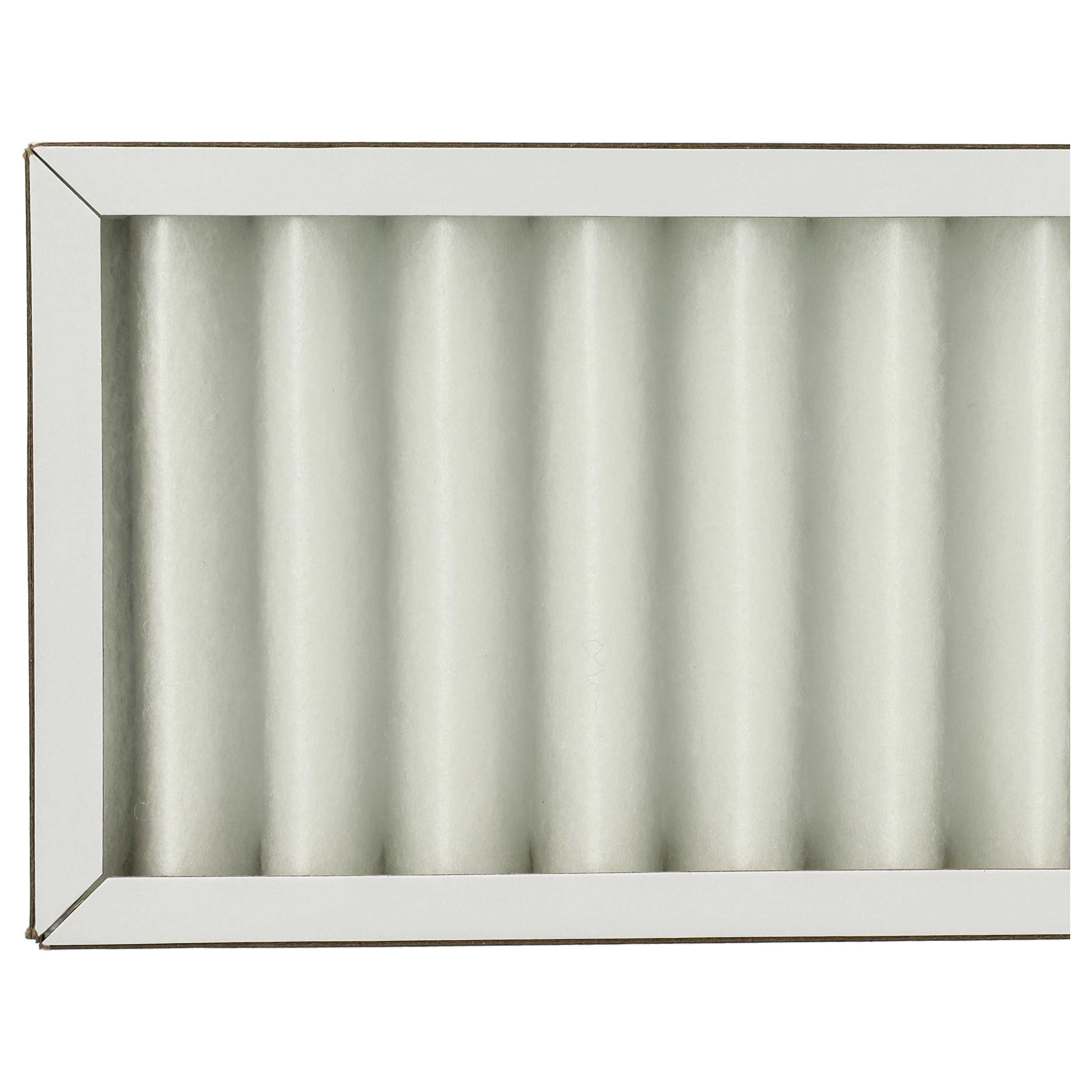 Luftfilter mit weißem, plissiertem Material in einem weiß-braunen Rahmen. Der Rahmen ist rechteckig.