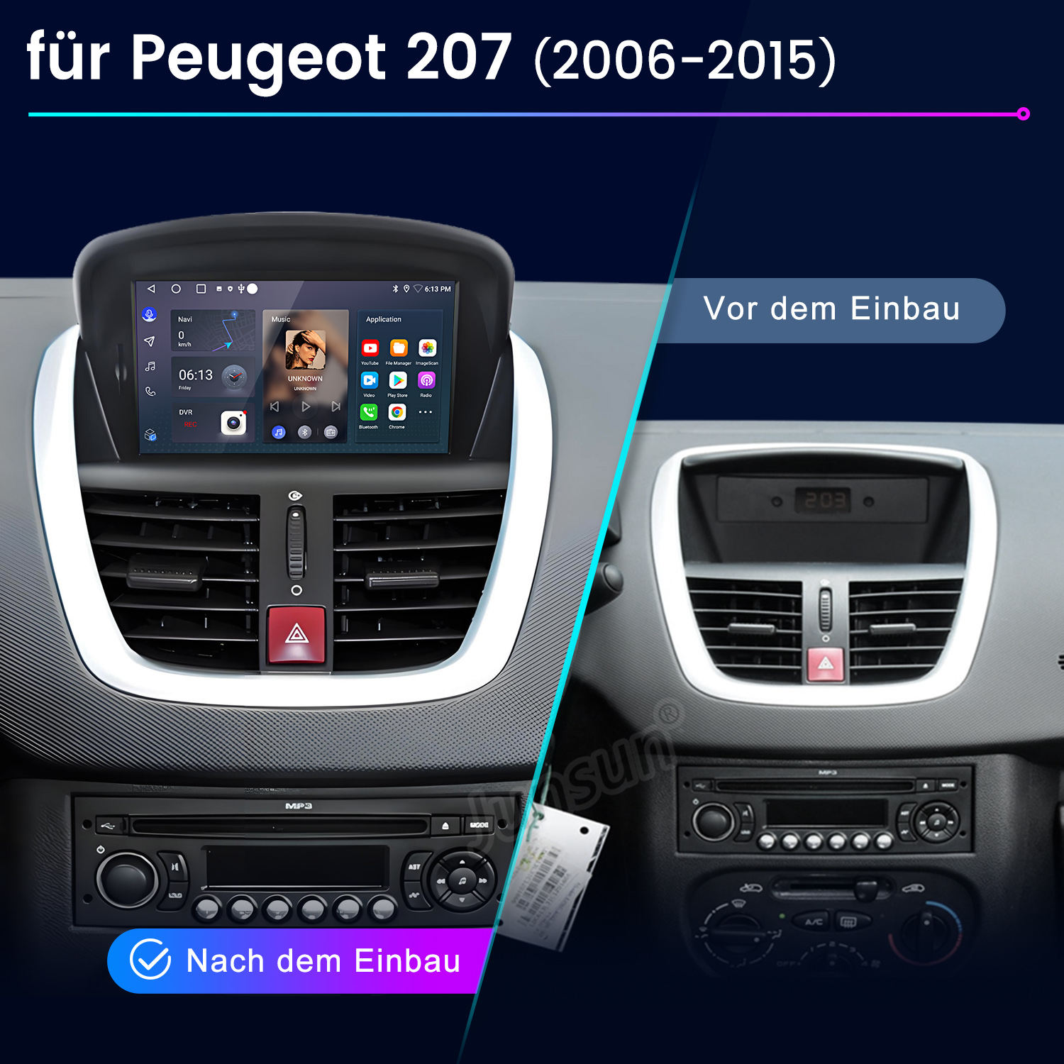 Das Bild zeigt das Armaturenbrett eines Autos vor und nach dem Austausch des Radios. Das neue Radio hat einen Bildschirm, das alte nicht.