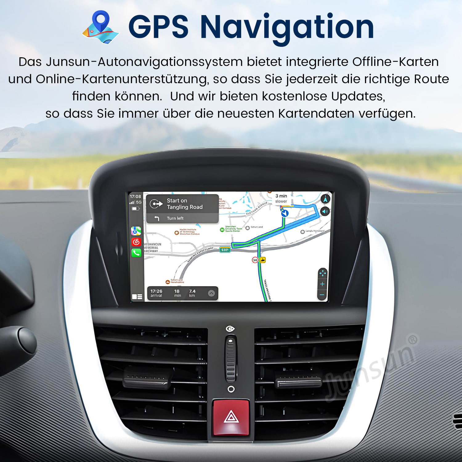 Armaturenbrett mit GPS-Navigation. Der Bildschirm zeigt eine Karte mit einer Route. Text oben lautet 'GPS Navigation'.