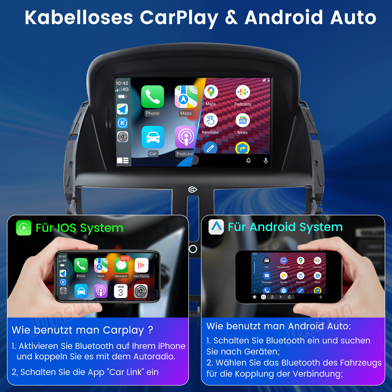 Auto-Infotainment-Bildschirm mit CarPlay- und Android Auto-Oberflächen, mit Telefon-, Karten- und App-Symbolen. Anweisungen zur Einrichtung sind ebenfalls abgebildet.