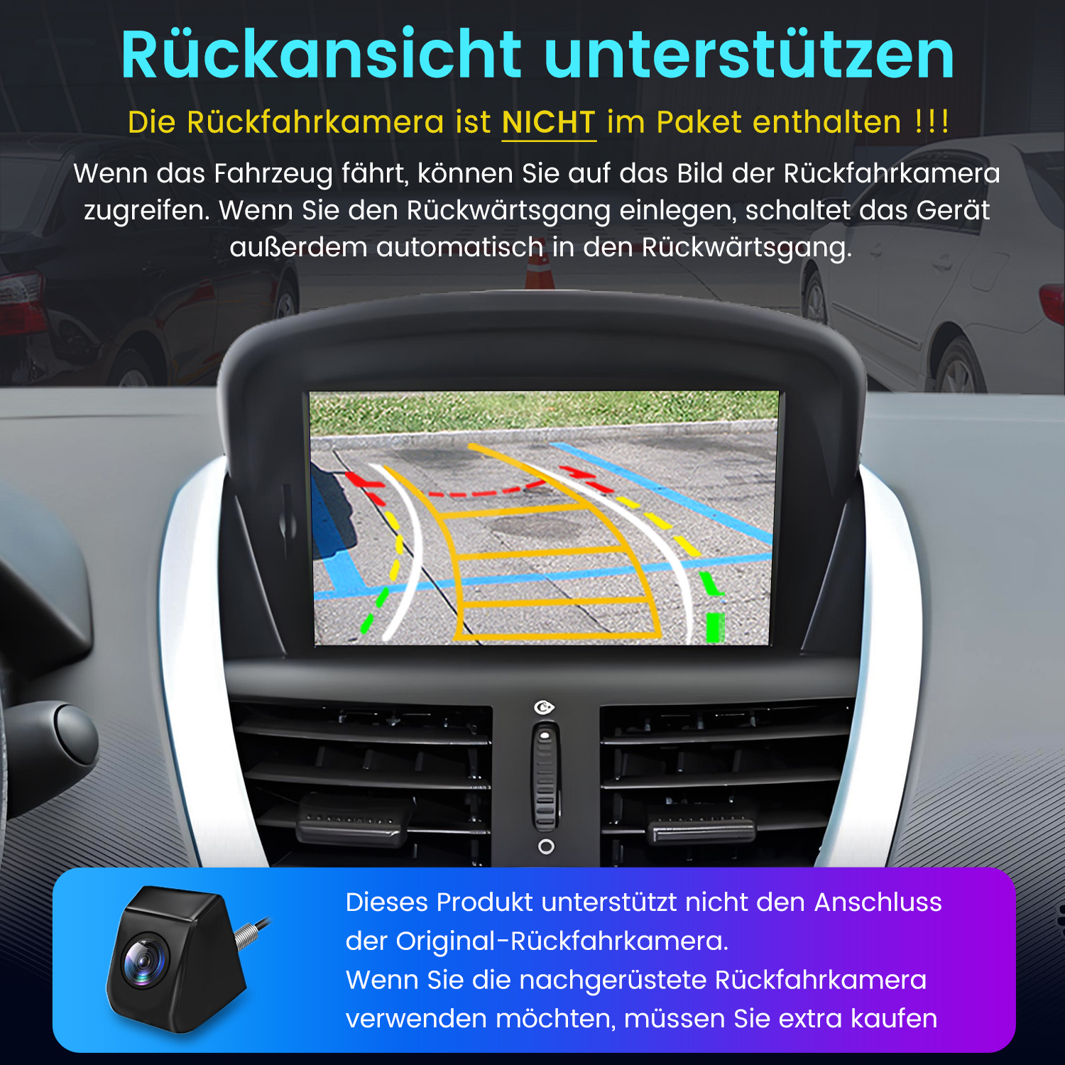Autodisplay mit Parklinien, Kamera und Text über die Rückfahrkamera.