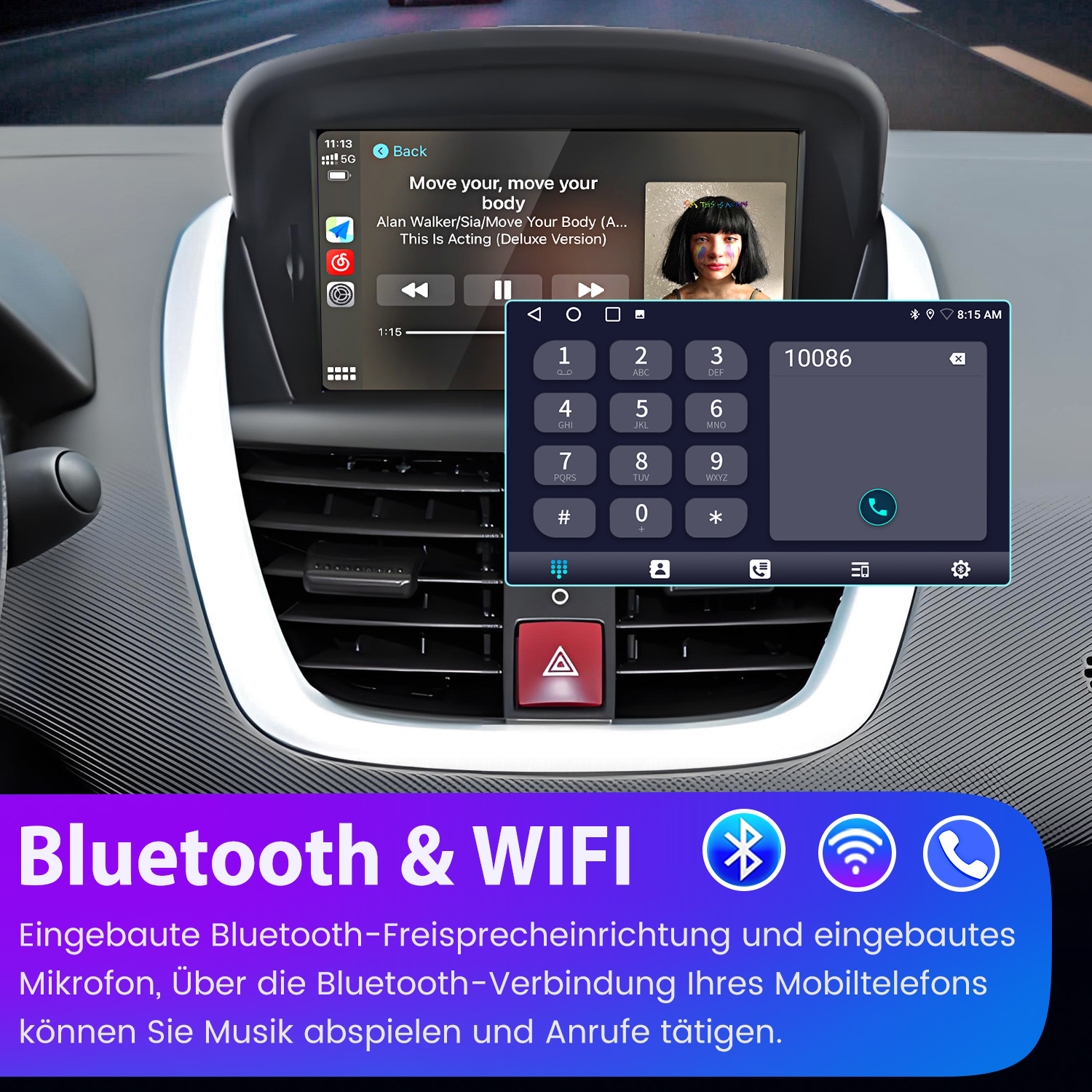 Autointerieur mit Bildschirm, der Musik und Telefonschnittstelle zeigt. Bluetooth- und WLAN-Symbole sind sichtbar. Die Zeit ist 8:15 Uhr.