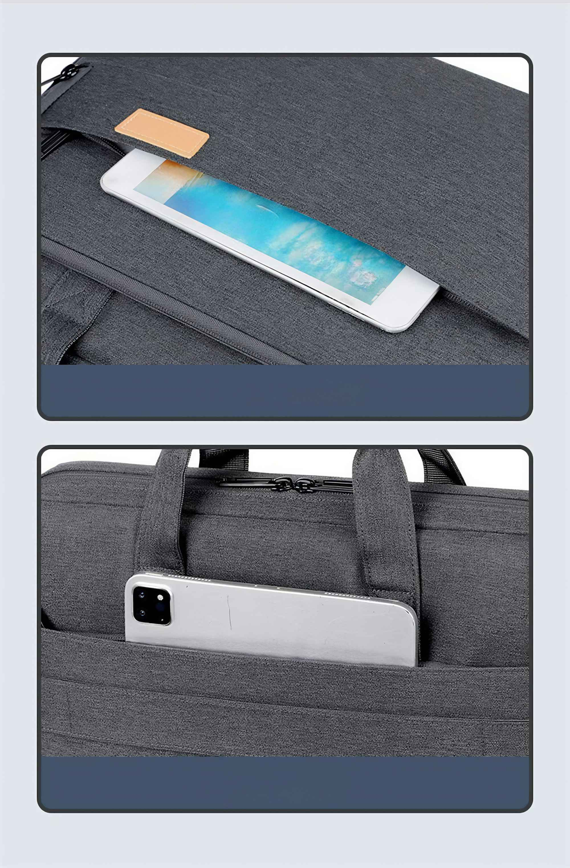 Eine graue Laptoptasche mit einem Tablet in der oberen Tasche und einem Telefon in der unteren Tasche.