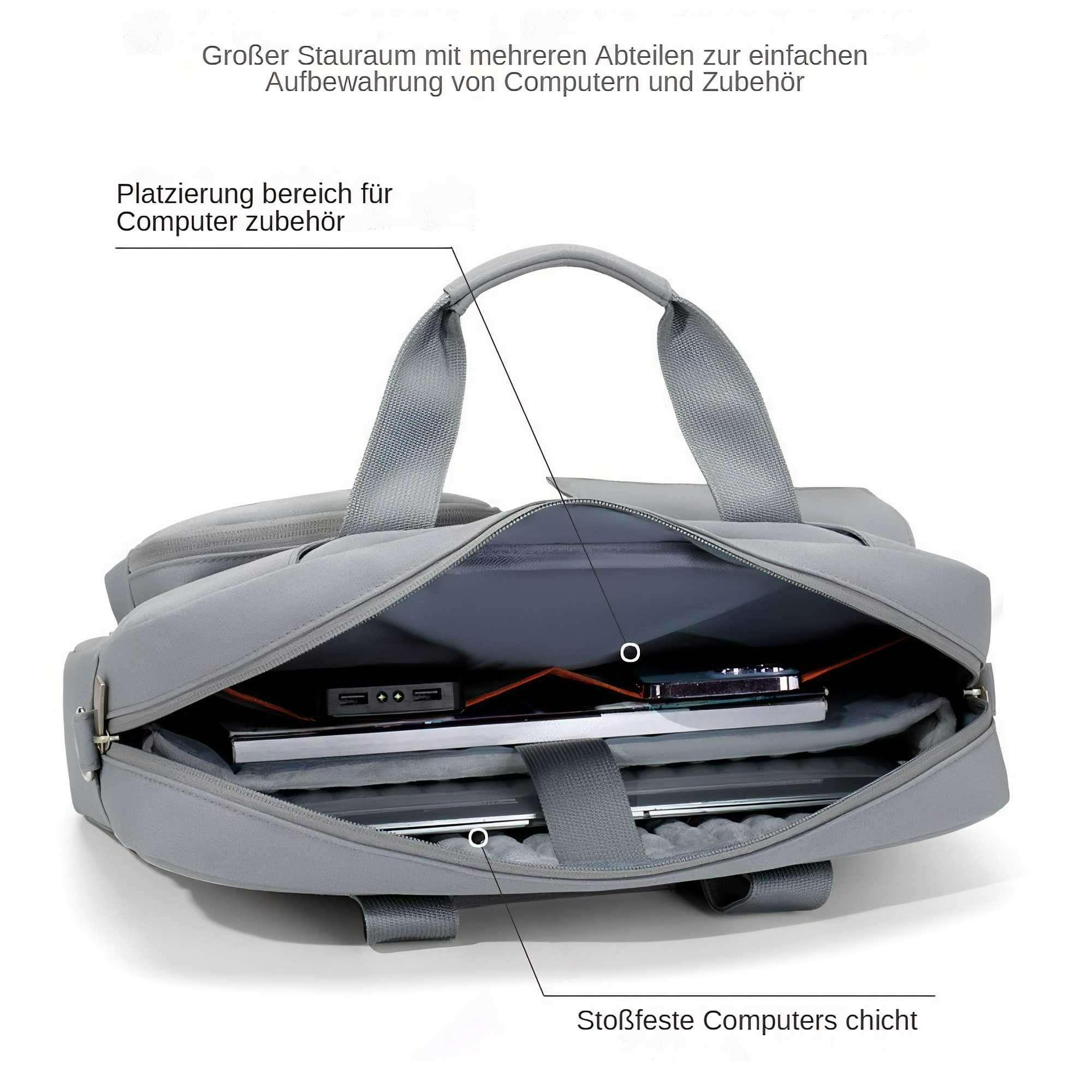 Eine graue Laptoptasche ist geöffnet und zeigt Fächer für einen Laptop und Zubehör. Sie hat Griffe und einen Schultergurt.