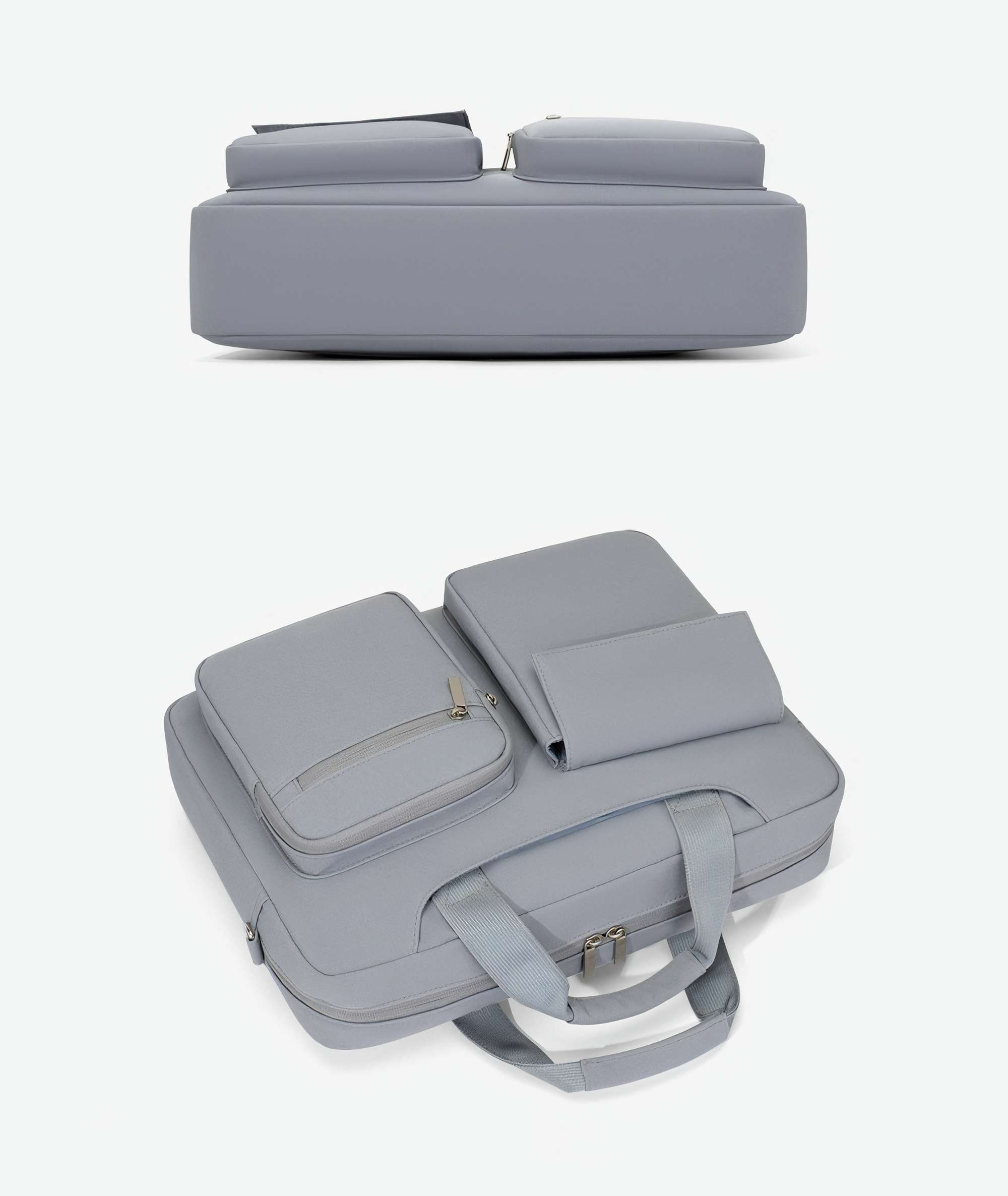 Graue Laptoptasche mit mehreren Fächern und Griffen, aus zwei Winkeln vor weißem Hintergrund aufgenommen.
