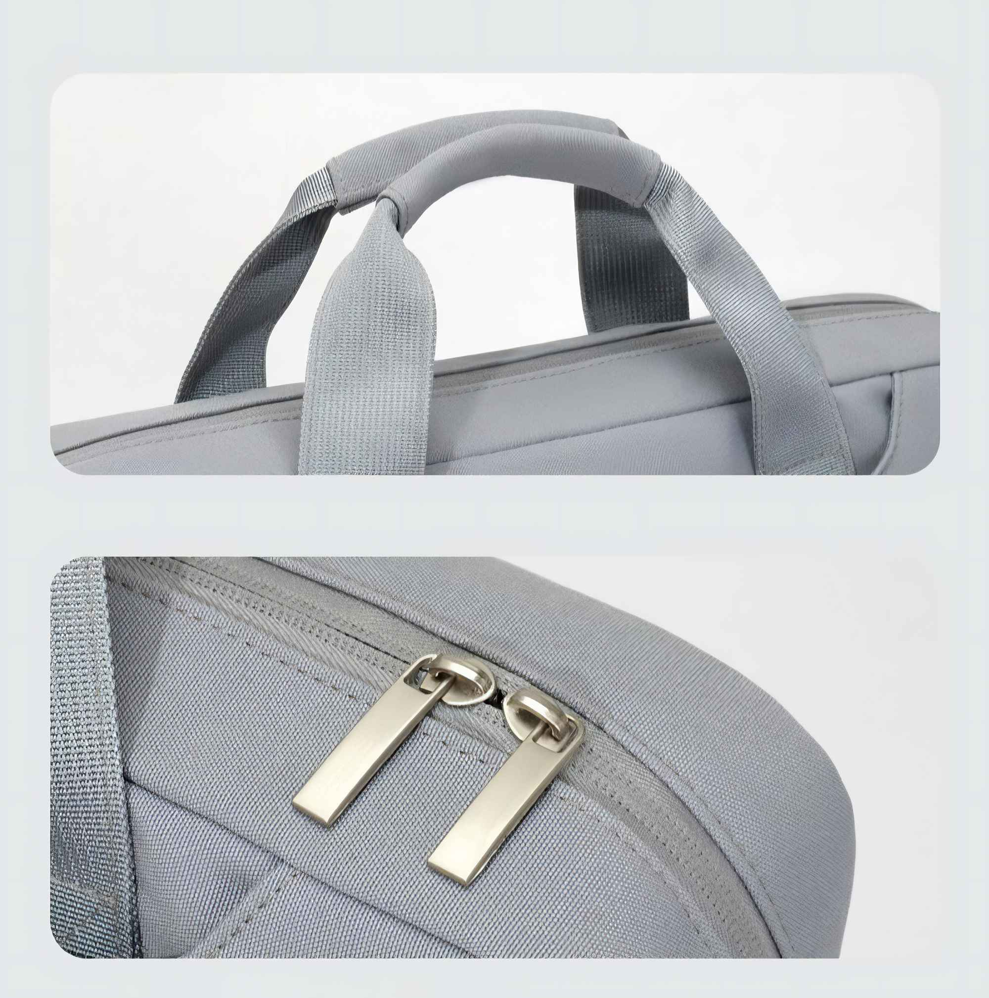 Nahaufnahme einer grauen Tasche. Enthält oberen Griff und Reißverschlussdetail. Die Tasche ist grau, mit silbernen Reißverschlüssen. Einfacher weißer Hintergrund.
