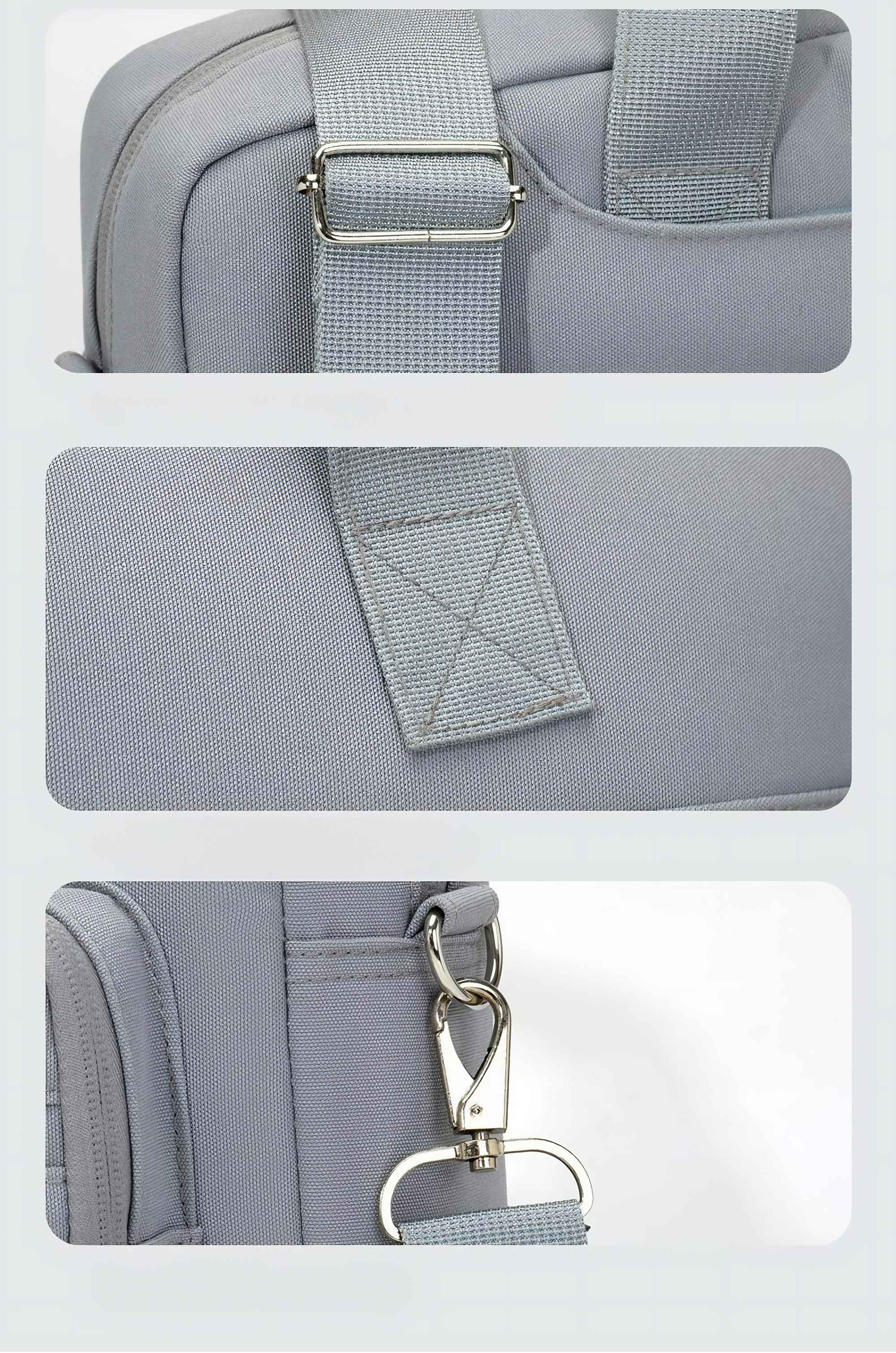 Nahaufnahme einer grauen Tasche mit Riemen und Metallbeschlägen. Details umfassen Nähte und einen silbernen Verschluss.