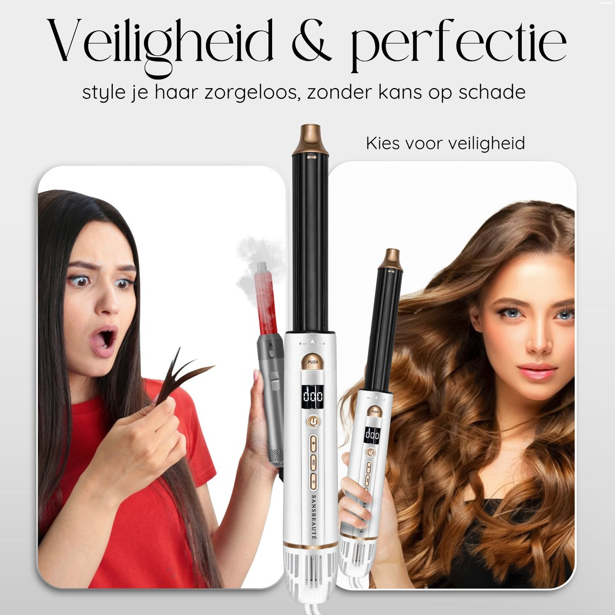 Afbeelding toont een vrouw geschokt door beschadigd haar, naast stylingtools. Een andere vrouw heeft perfect haar. De tekst adverteert veilig haar stylen.