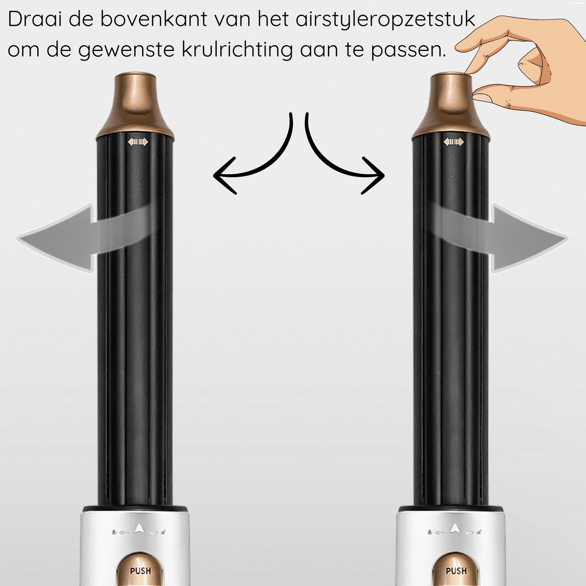De afbeelding toont een airstyler met pijlen die de rotatie aangeven. Een hand laat zien hoe je de bovenkant van het apparaat draait.