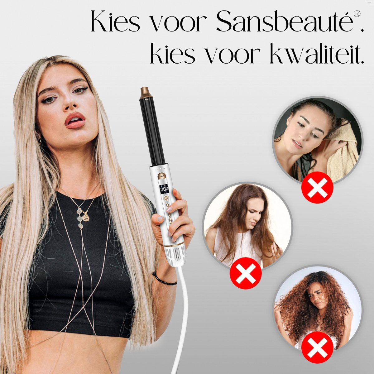 Blonde vrouw met een krultang. Drie afbeeldingen met rode X'en tonen slecht haar. Tekst: 'Kies Sansbeaute, kies kwaliteit'.