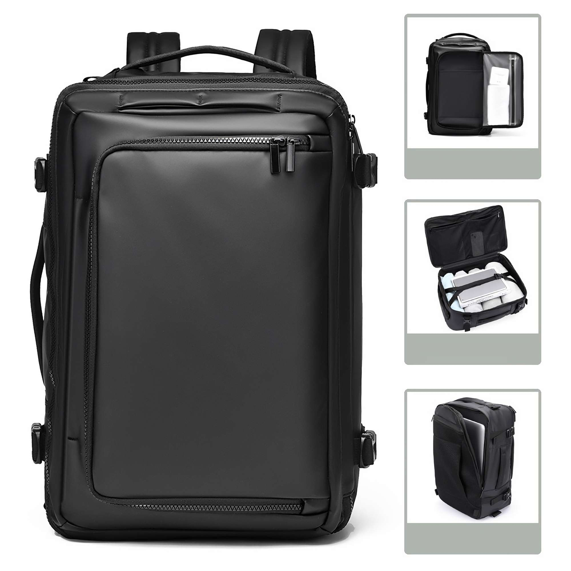 Schwarzer Rucksack mit mehreren Fächern. Seitenbilder zeigen offene Fächer mit Gegenständen wie Laptop und Kleidung.
