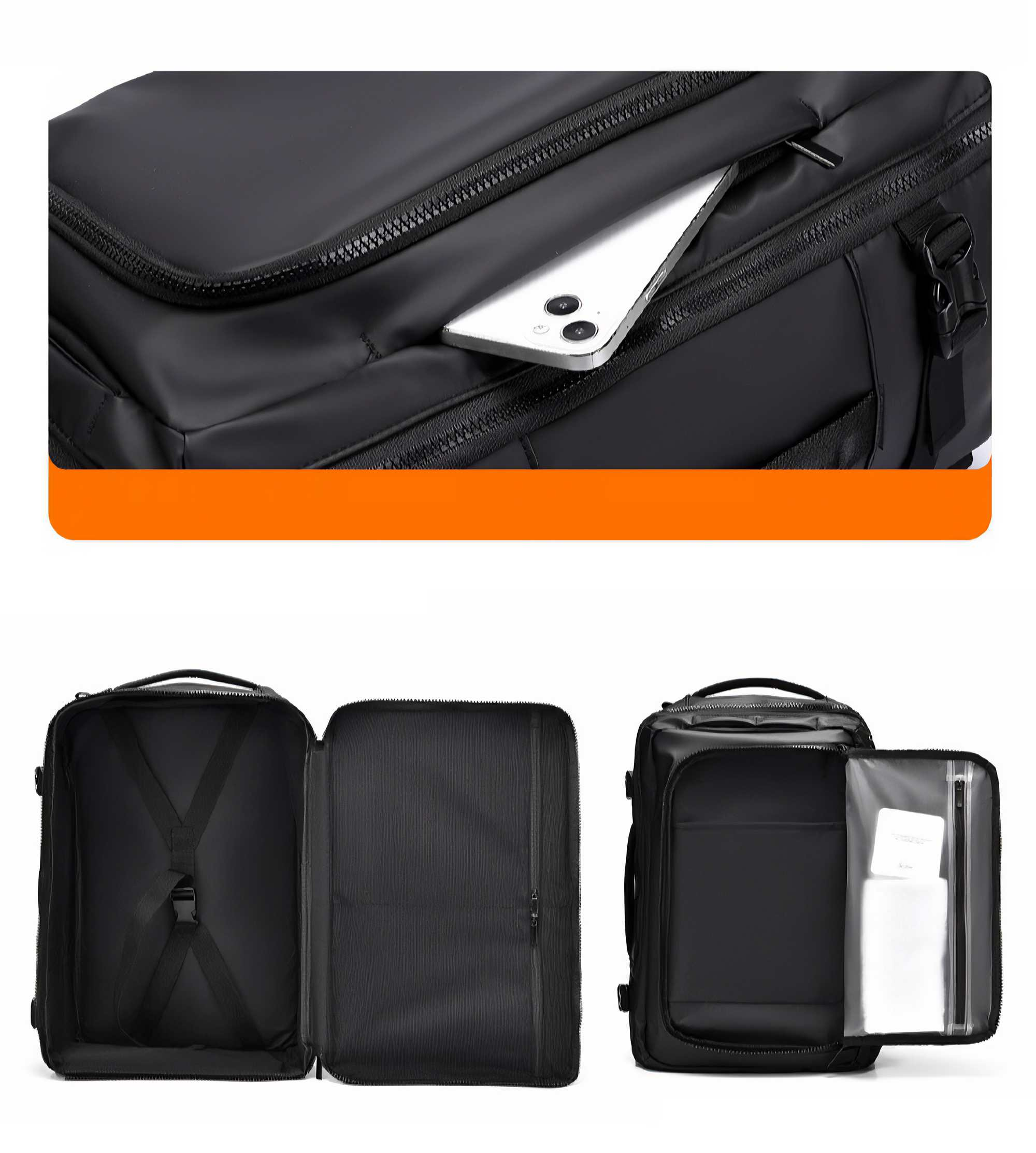 Schwarzer Rucksack mit Handy in einer Tasche und zwei offenen Fächern. Eines mit Riemen, das andere mit Reißverschluss.