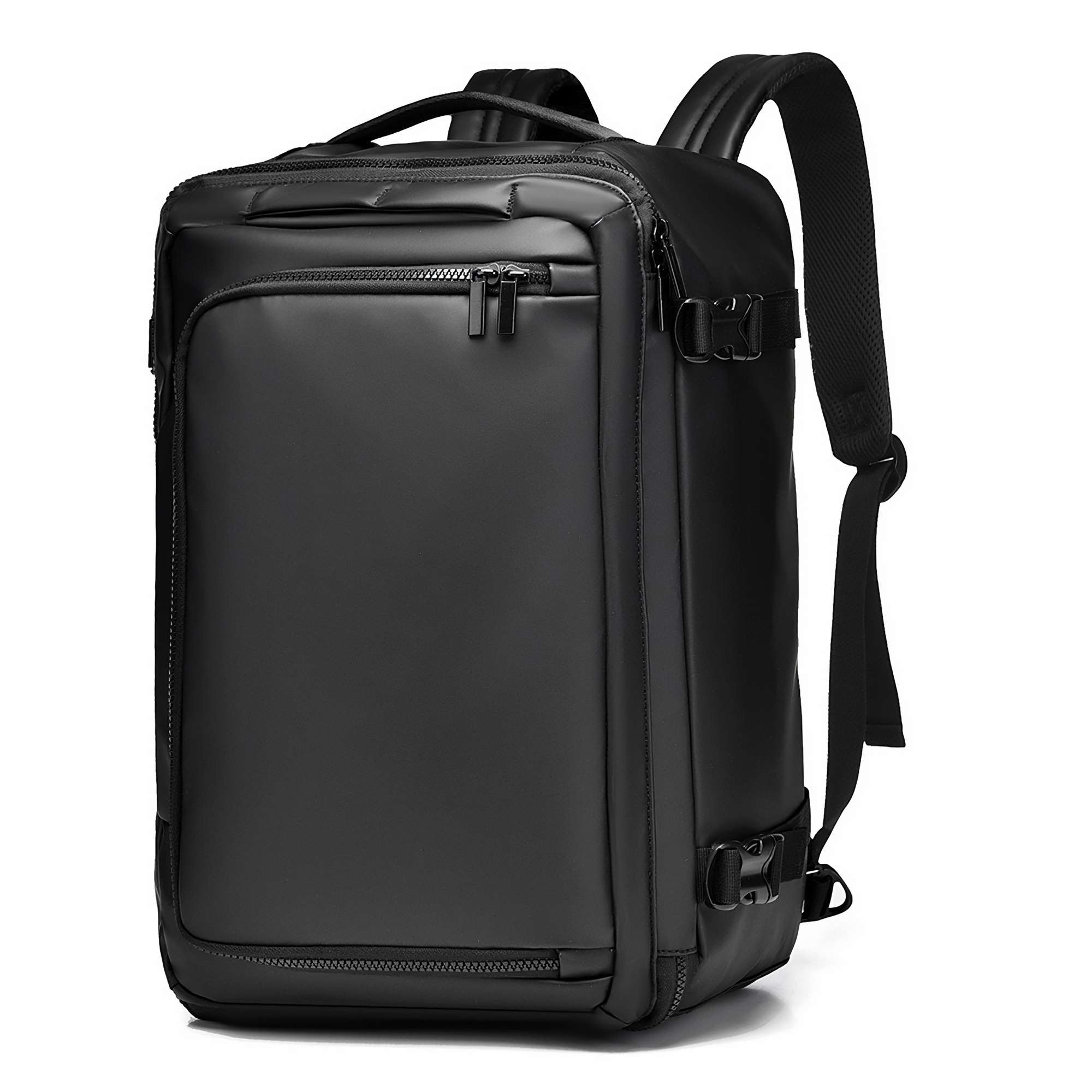 Schwarzer Rucksack mit rechteckiger Form. Er hat Reißverschlüsse, einen Griff und Schultergurte. Der Hintergrund ist weiß.