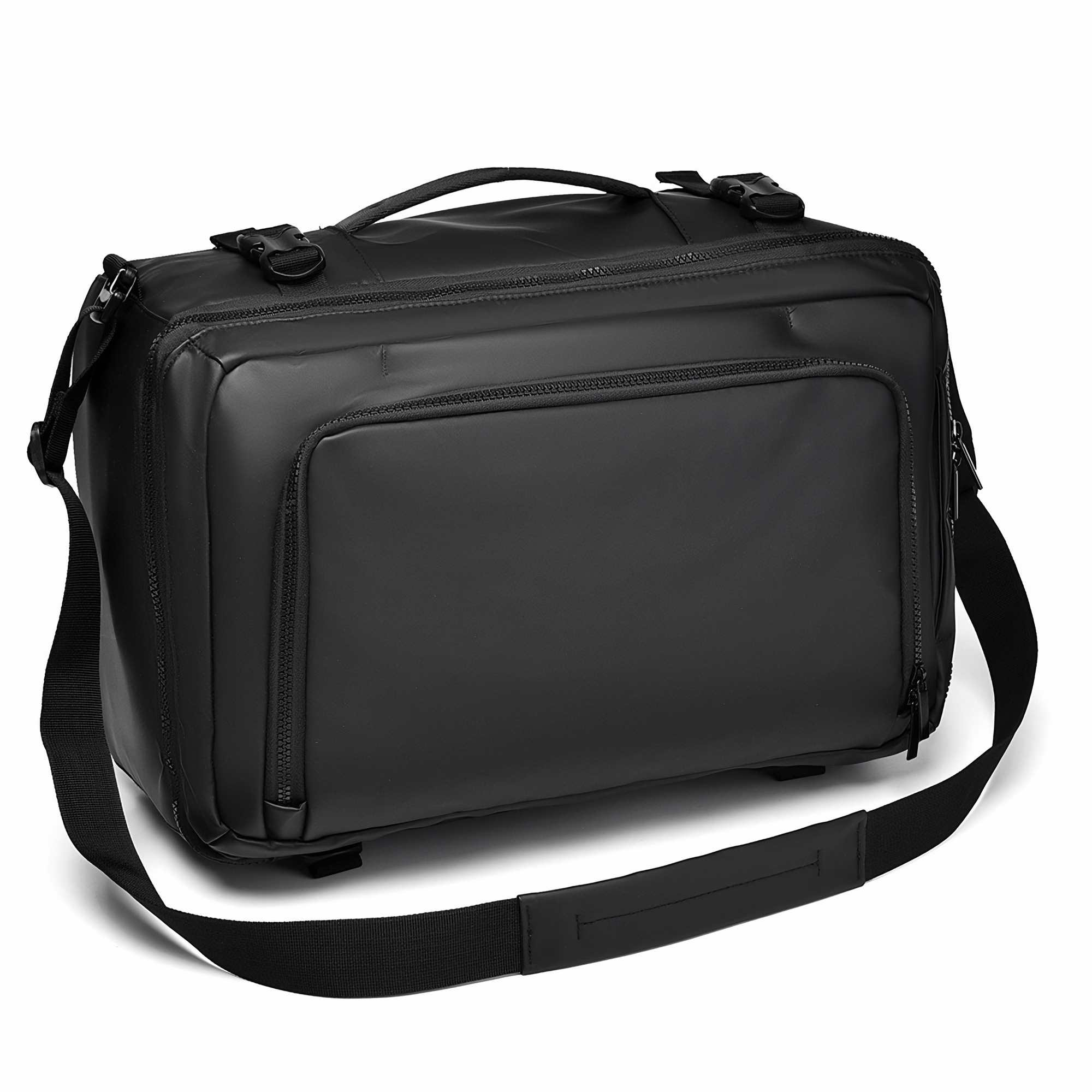 Schwarze rechteckige Tasche mit Griff, Schultergurt und mehreren Reißverschlussfächern, isoliert auf weißem Hintergrund.