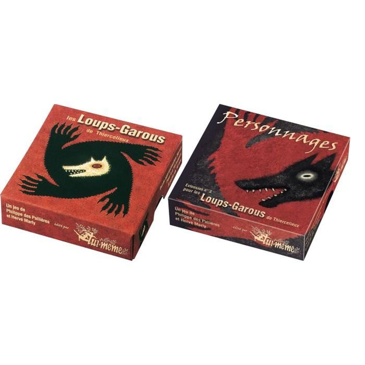 Zwei Spielboxen. Die linke ist rot mit einem Wolf-Design, die rechte schwarz mit einem Wolf-Design. Beide Boxen zeigen französischen Text.
