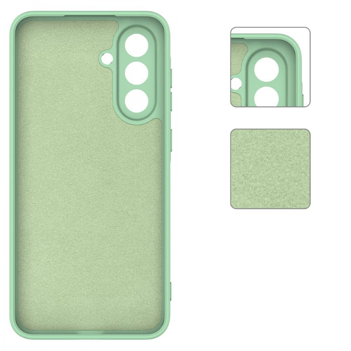 Eine hellgrüne Handyhülle mit Kameraausschnitt. Enthält Nahaufnahmen einer Ecke und ein kleines Quadrat des Materials.