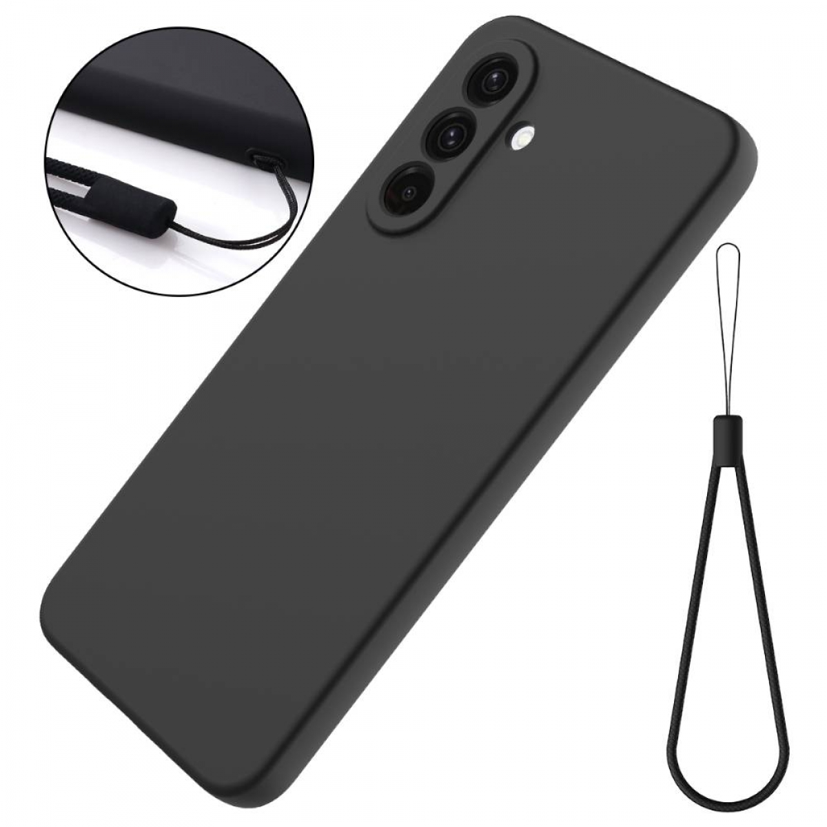 Schwarze Handyhülle mit Kameraobjektiven und Handschlaufe. Die Hülle ist angewinkelt, Details des Designs werden gezeigt.