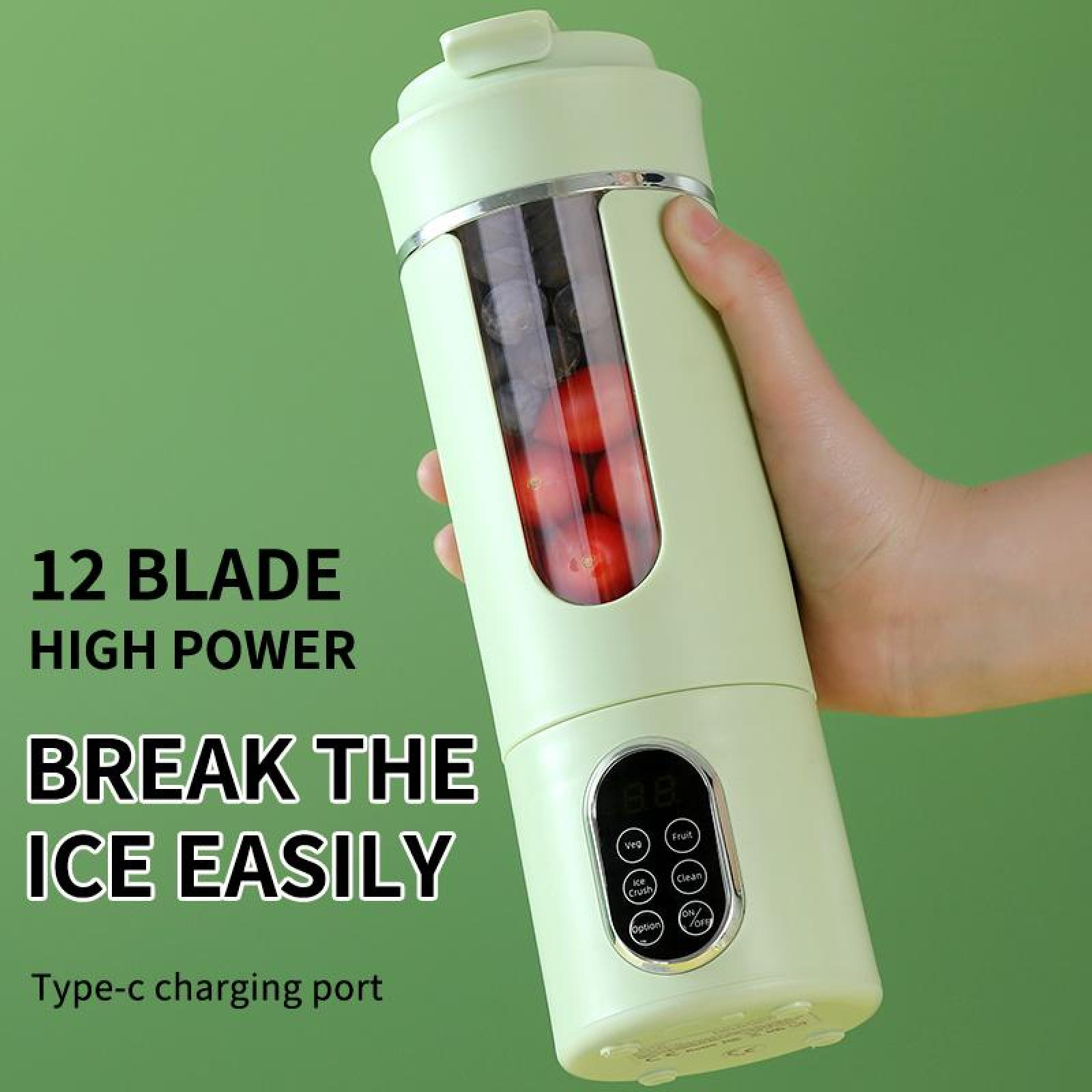 Eine Hand hält einen grünen Mixer mit roten Früchten. Text sagt '12 BLADE HIGH POWER' und 'BREAK THE ICE EASILY'.