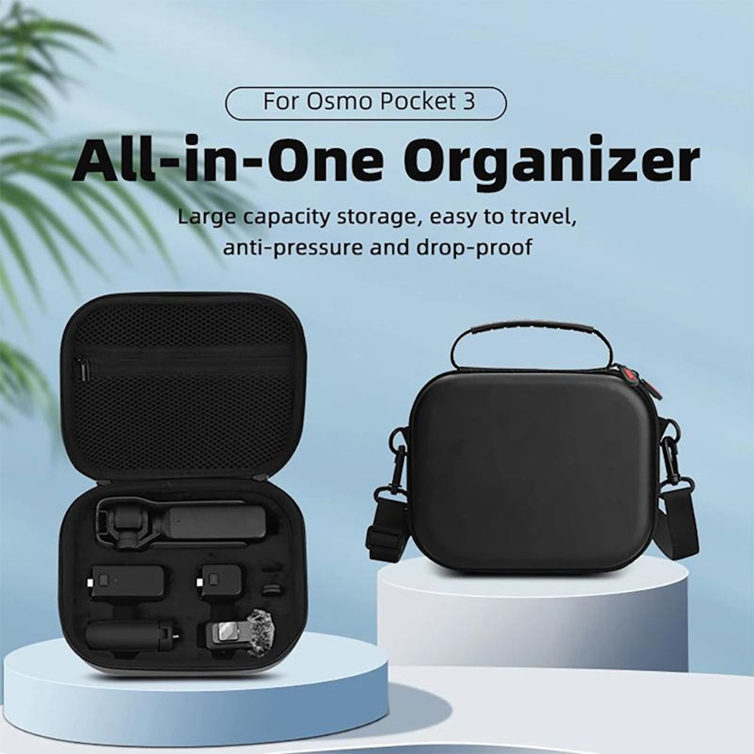 Schwarze Organizer-Tasche für Osmo Pocket 3. Geöffnete Tasche zeigt Kamera und Zubehör. Geschlossene Tasche und eine Tasche stehen.