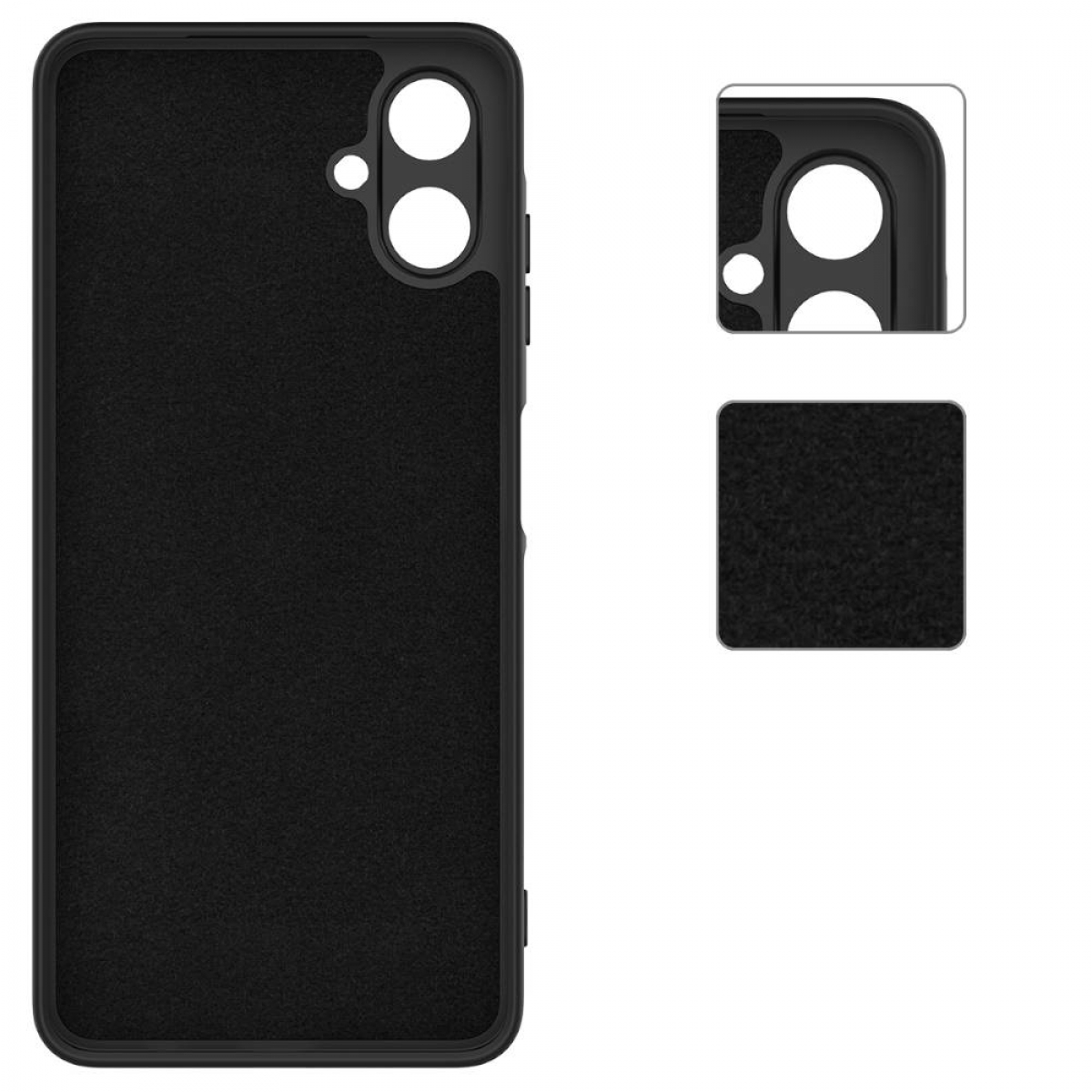 Eine schwarze Handyhülle mit strukturierter Rückseite. Enthält einen Ausschnitt für die Kamera und ein kleines Quadrat mit der Rückentextur.