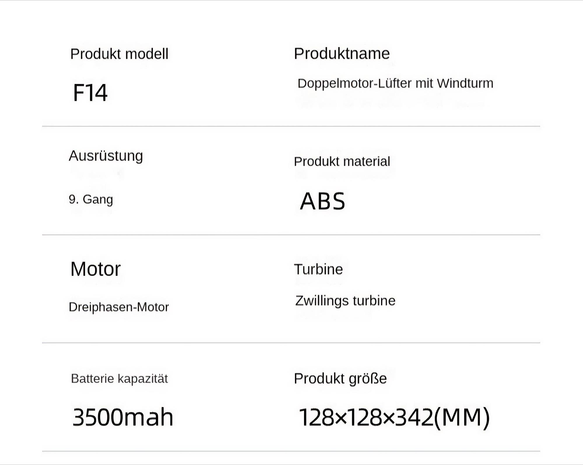 Ein Produktinformationsblatt mit Details wie Modell F14, ABS-Material, 3500 mAh Akku und Abmessungen 128x128x342(MM).